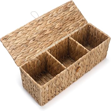 Wicker Bathroom Basket with Lid, Water Hyacinth Toilet Tank Basket with 3 Compartments, Woven Storage Box for Bathroom Organizer 13.2 x 5.1 x 4.5 inch