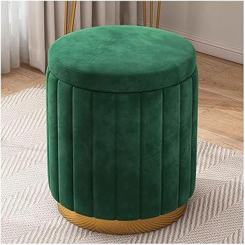 Round Storage Ottoman, Small Round Ottoman with Storage, Vanity Stool Chair with Storage, Gold Plating Base, Foot Stool with Storage for Living Room Bedroom DormGreen