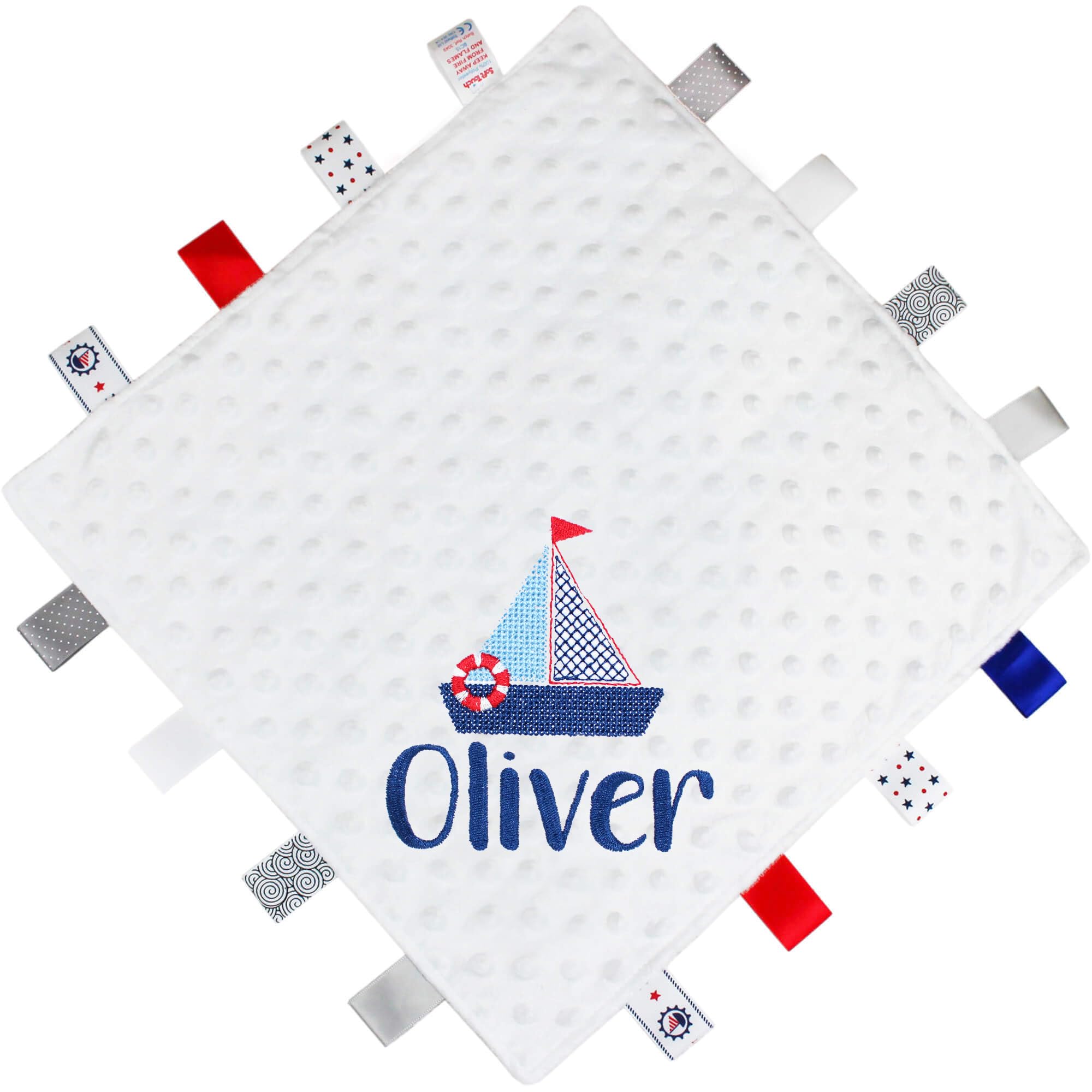 TeddyT's Personalised Sailing Boat Baby Taggy Blanket Comforter (Navy Blue Name)
