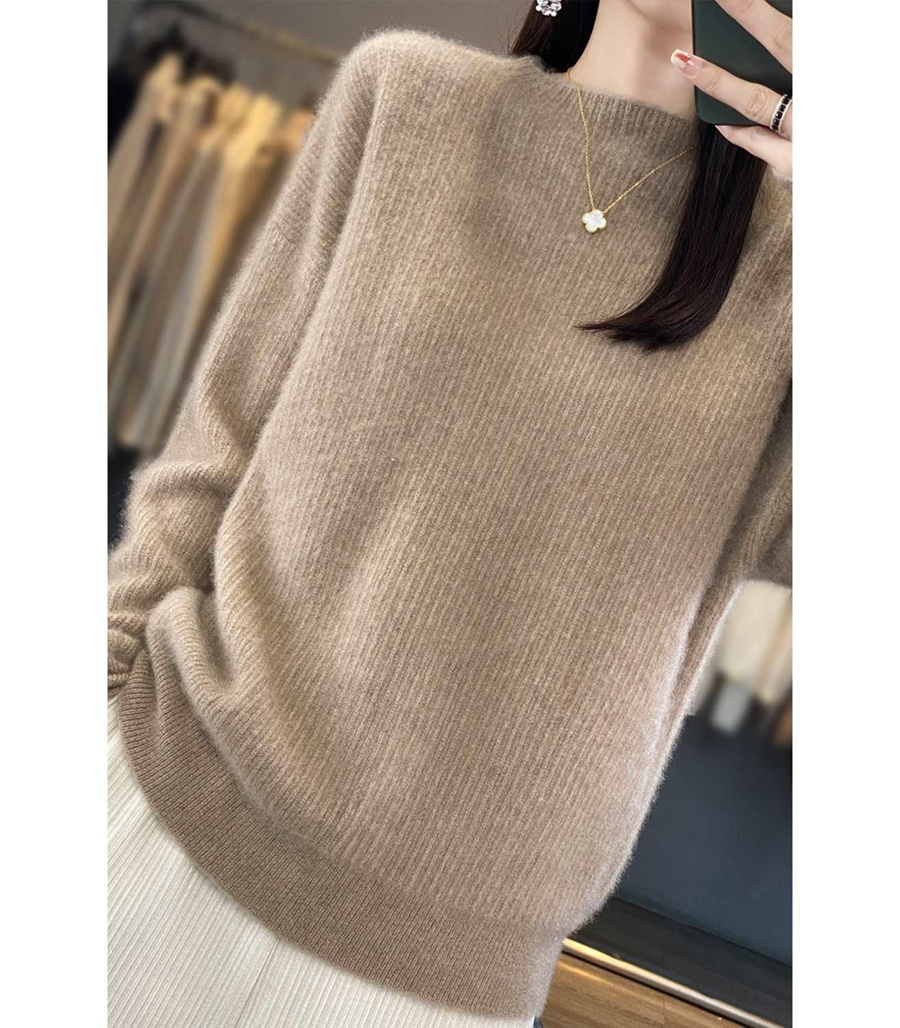 Autunno Inverno 100% Lana Merino Maglioni Donna O-Collo Off Spalla Manica Lavorata A Maglia Spessa Pullover Largo Top