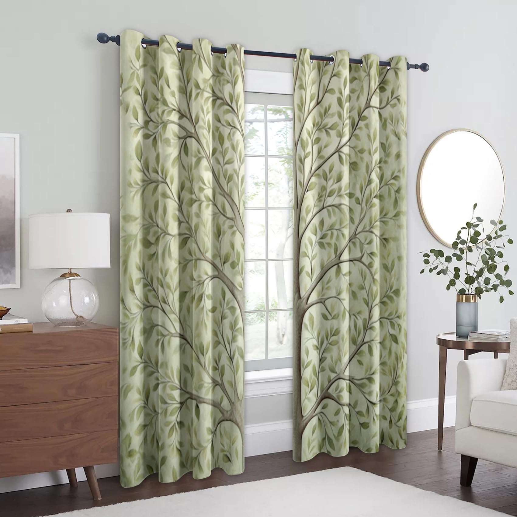 Vorhänge Baum des Lebens, Verdunkelungsvorhang 2er Set - Vorhang Blickdicht Grünes Blatt Muster, Thermovorhang für Deko Wohnzimmer Schlafzimmer Kinderzimmer, Gardinen mit Ösen 220x140 cm (H X B)