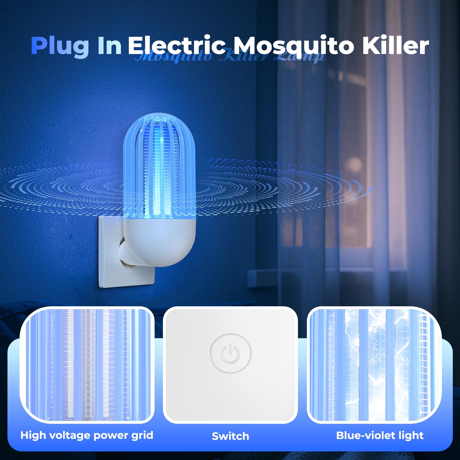 Insektenvernichter Elektrische Fliegenfalle Innenbereich Plug in 2 Stück, 2100V UV Mückenlampe Mückenfalle Mückenschutz mit LED-Licht Schweigend Insektenvernichter für Außen, Küche, Garten, Camping