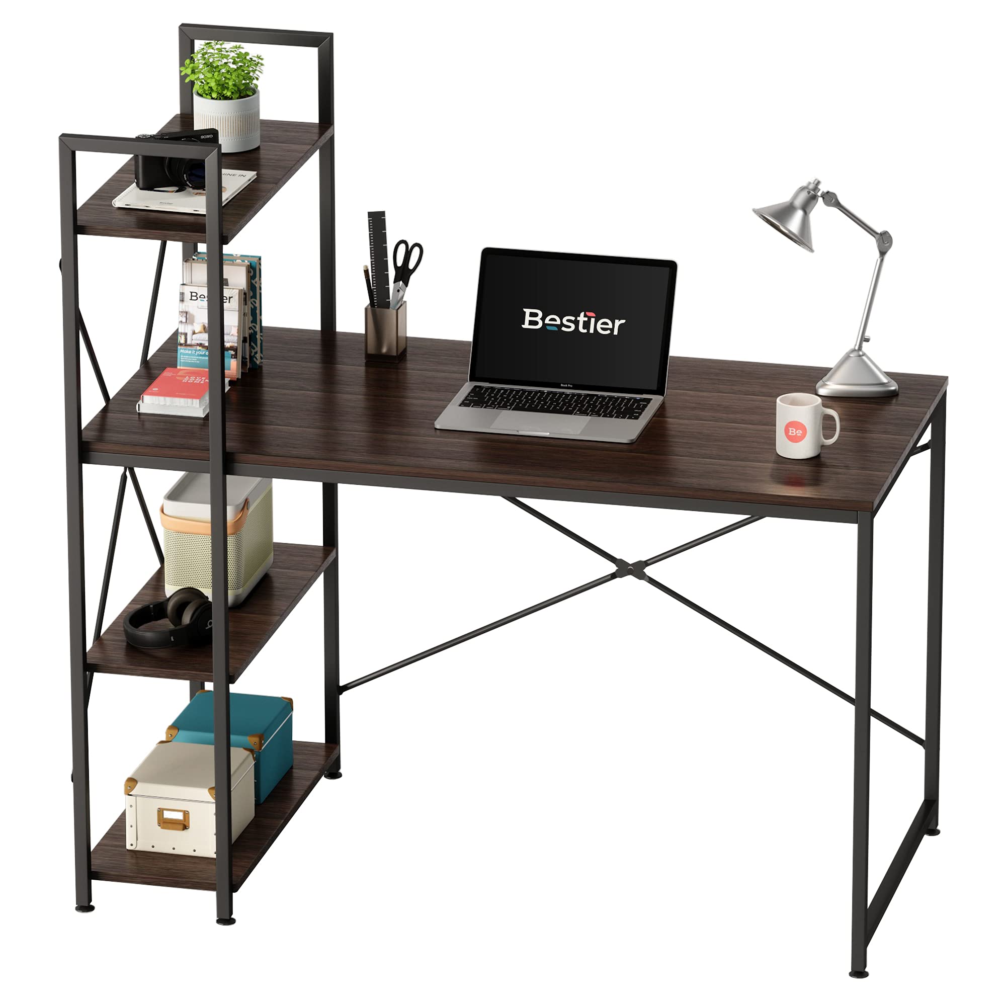 Bestier Computer Desk with Storage Shelves 47 Inch Home Office Desk Writing Study Table for Small Space, Brown