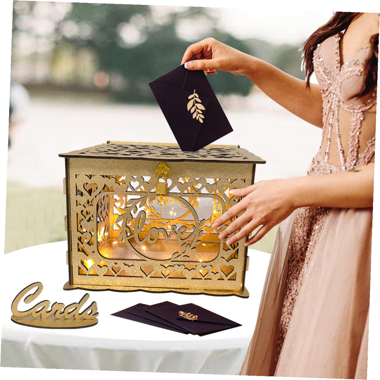 Holz Kartenbox mit Hohldesign Große Hochzeit Umschlag und Geldbox Dekorative Holz Aufbewahrungsbox für Jubiläum Empfang und Feier
