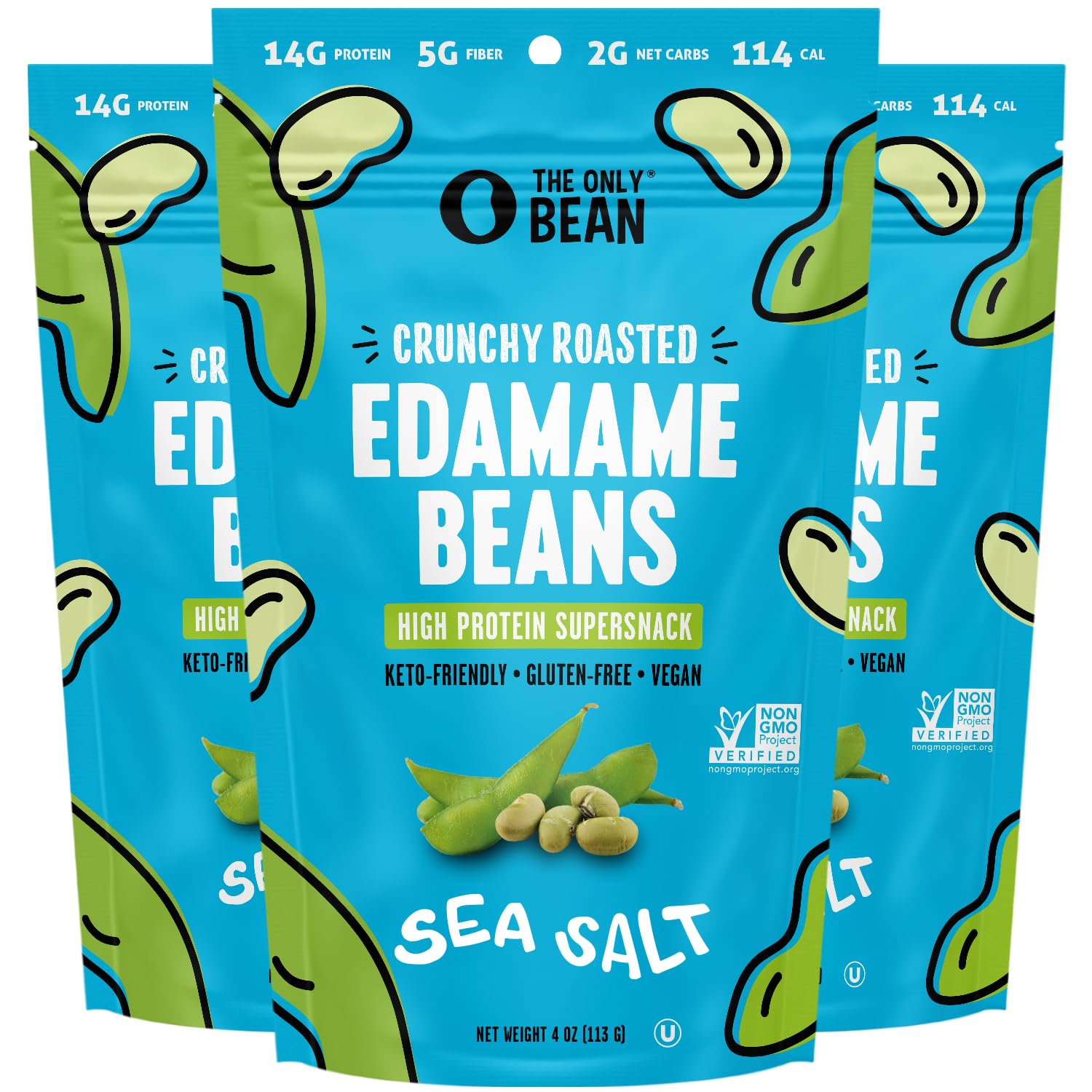 The Only Bean - Crunchy Roasted Edamame Beans (Sea Salt) - Keto Snacks (2g Net) - High Protein Healthy Snacks (14g Protein) - Low Carb, Gluten-Free Snack, Vegan Food - 4 oz (3 Pack)The Only Bean - Crunchy Roasted Edamame Beans…