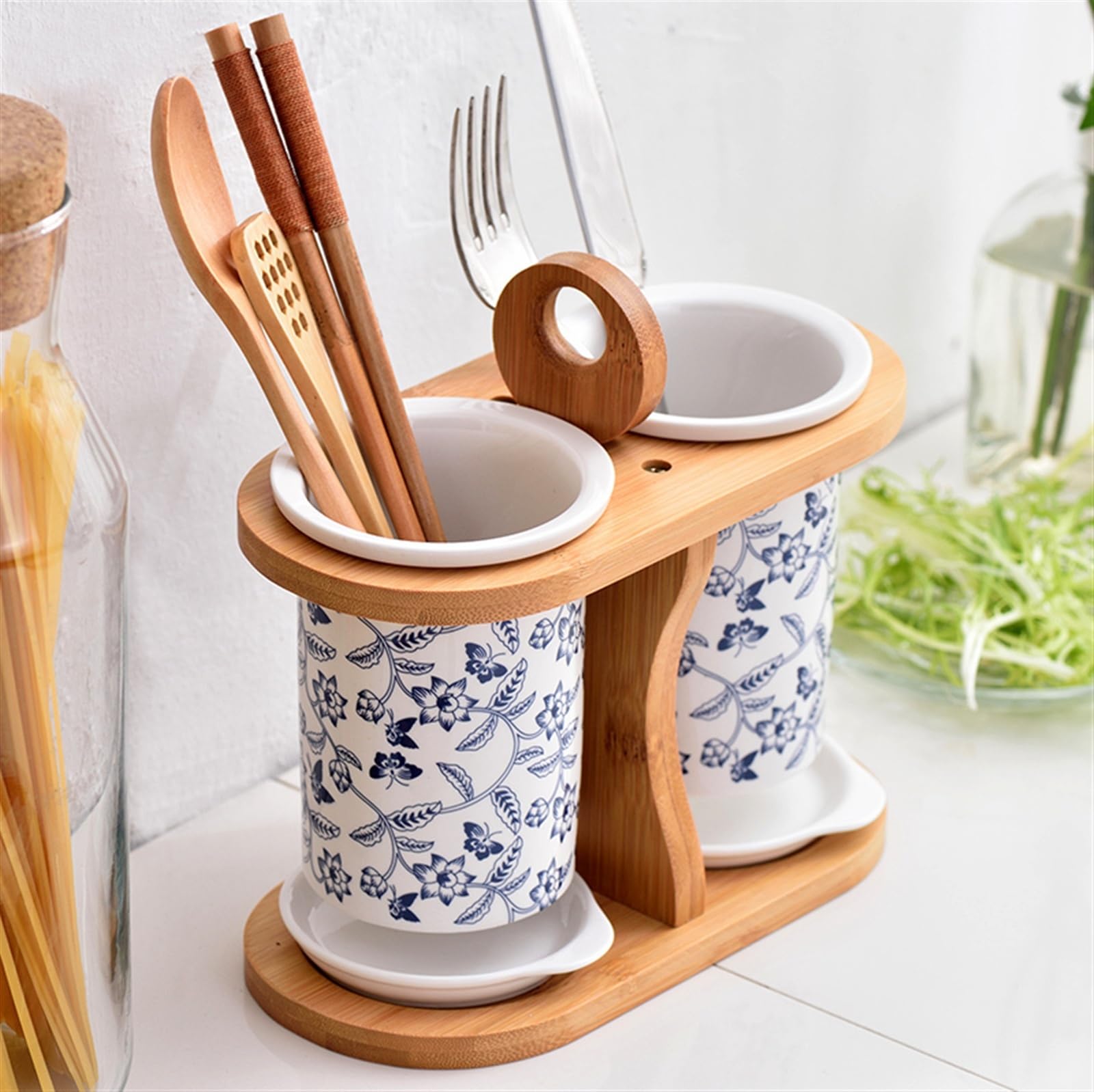 Utensilienhalter, Abtropfgestell aus Keramik for Besteck mit Bambushalter und 2 Fächern, for Utensilien-Organizer Aufbewahrung von Kochutensilien, Messerblock