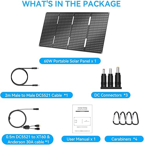 Miniatura 8 de Ecosonique - Cargador de paneles solares plegables portátiles de 60 W, carga rápida con USB-C PD3.0 USB-A QC3.0 DC 18V Salida ETFE Revestimiento