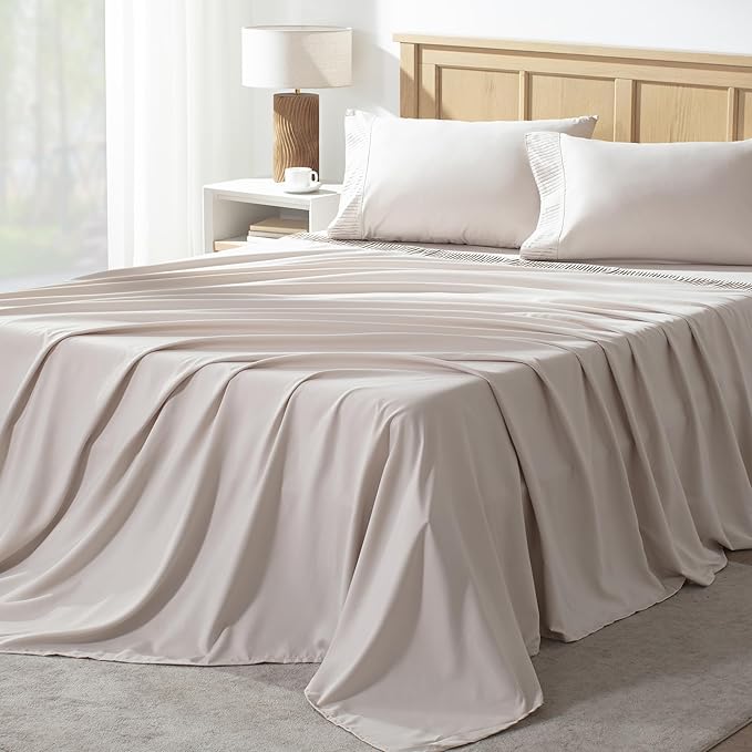 Andency Queen Sheet Set 4 Pieces, Oatmeal Super Soft Sheets for Queen Size Bed, Microfiber Queen Sheet Set, Deep Pocket Up to 16", Hotel Luxury Breathable & Cooling Bedding Sheets & Pillowcases