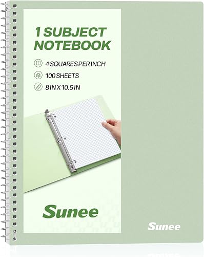 SUNEE Spiral Notebook, 1-Subject, Graph Ruled Paper, 8" x 10-1/2", 100 Sheets per Notebook, 3-Hole Punched Paper, Water Resistant Cover, Spiral Grid Notebooks for Work, Home, School, Writing, Green