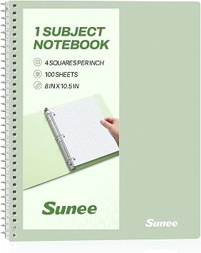 SUNEE Spiral Notebook, 1-Subject, Graph Ruled Paper, 8" x 10-1/2", 100 Sheets per Notebook, 3-Hole Punched Paper, Water Resistant Cover, Spiral Grid Notebooks for Work, Home, School, Writing, Green