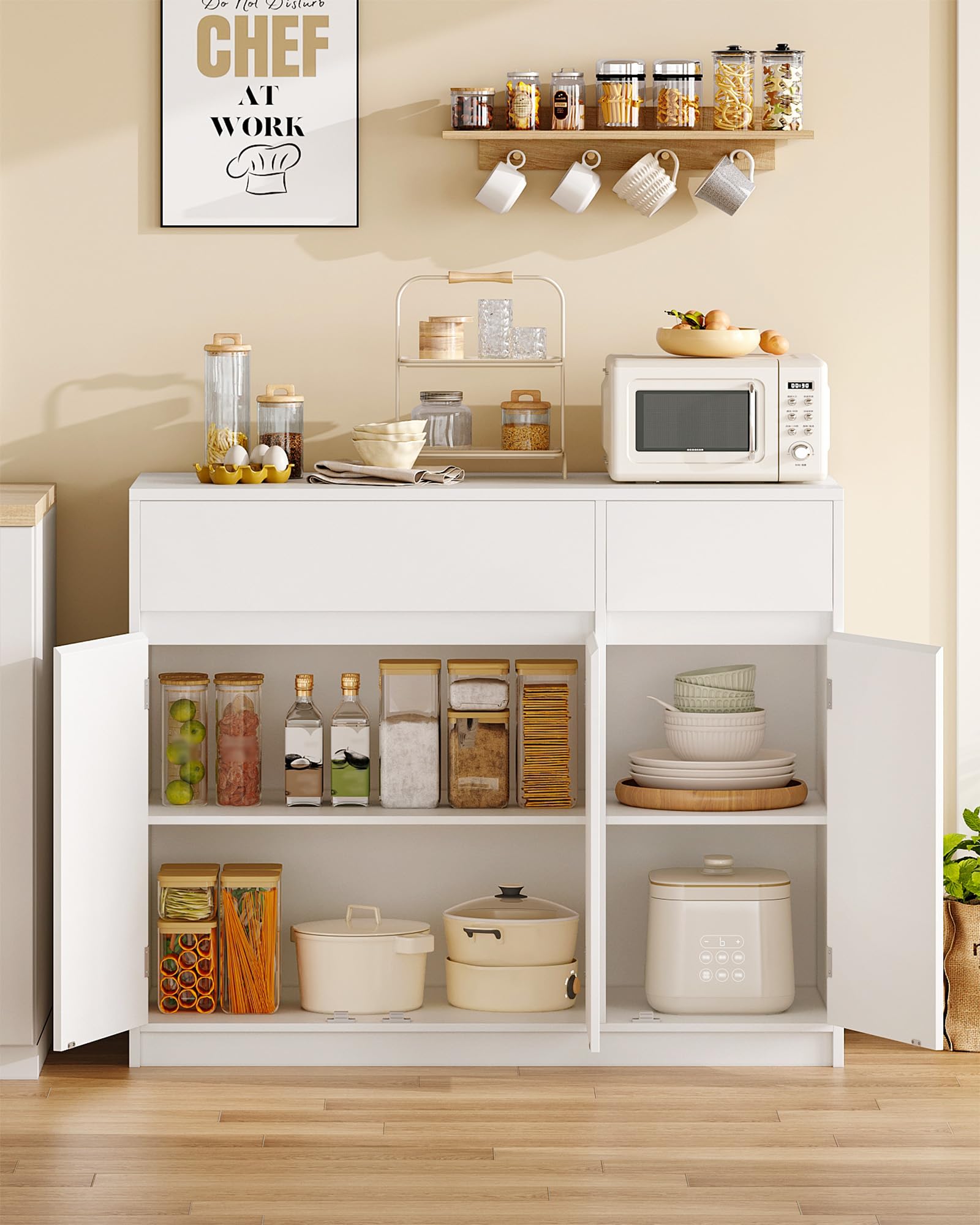 Hzuaneri Sideboard, Küchenschrank, Aufbewahrungsschrank mit 2 Schubladen, 3 Schranktüren, verstellbaren Einlegeböden, Modernem Stil, Küche, Wohnzimmer, 33 x 100 x 81,5 cm, Weiß SC32003X