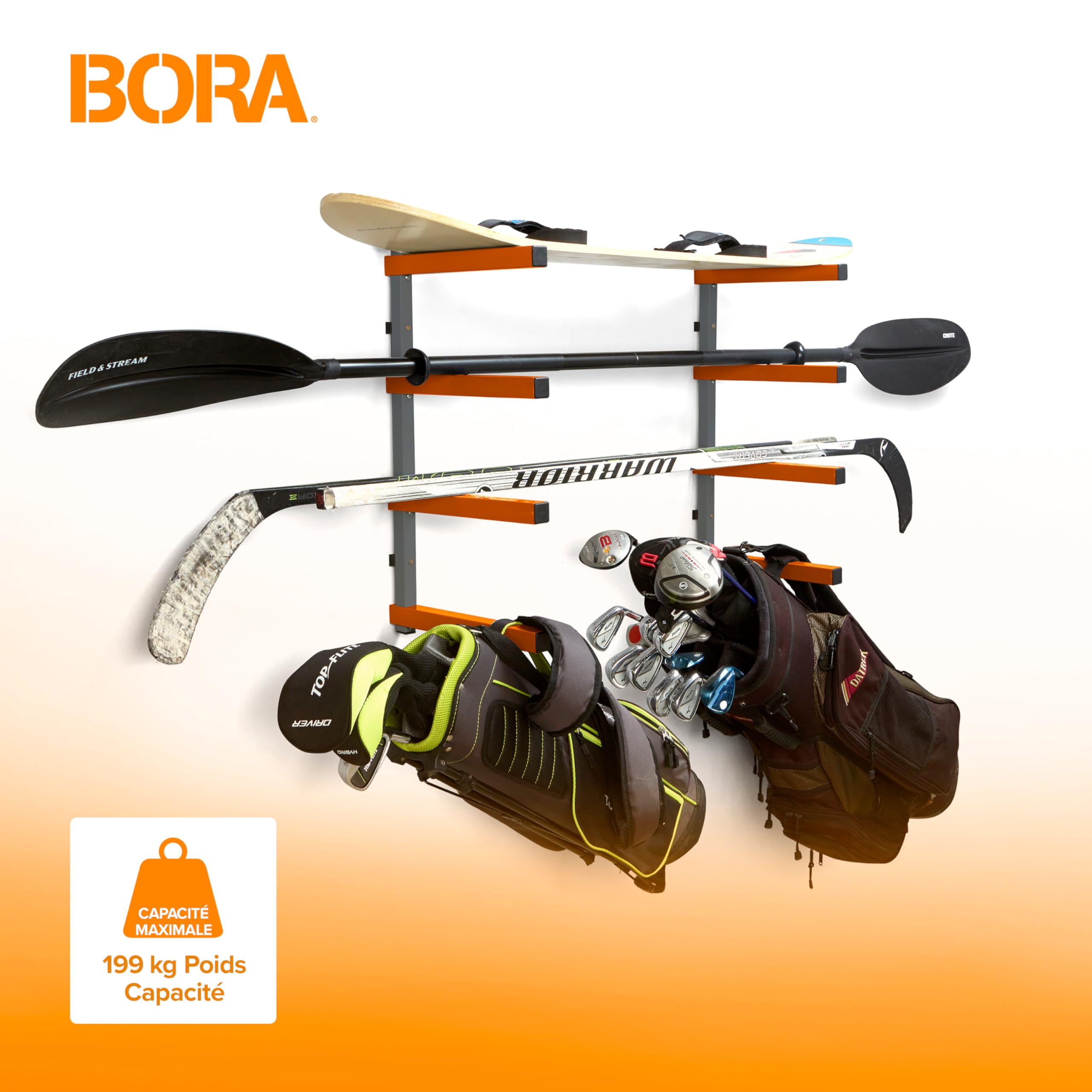 BORA Rangement Mural Bois 4 Niveaux – Étagère Murale Garage pour Planches, Tuyaux, Échelles, Outils – Capacité 200 kg