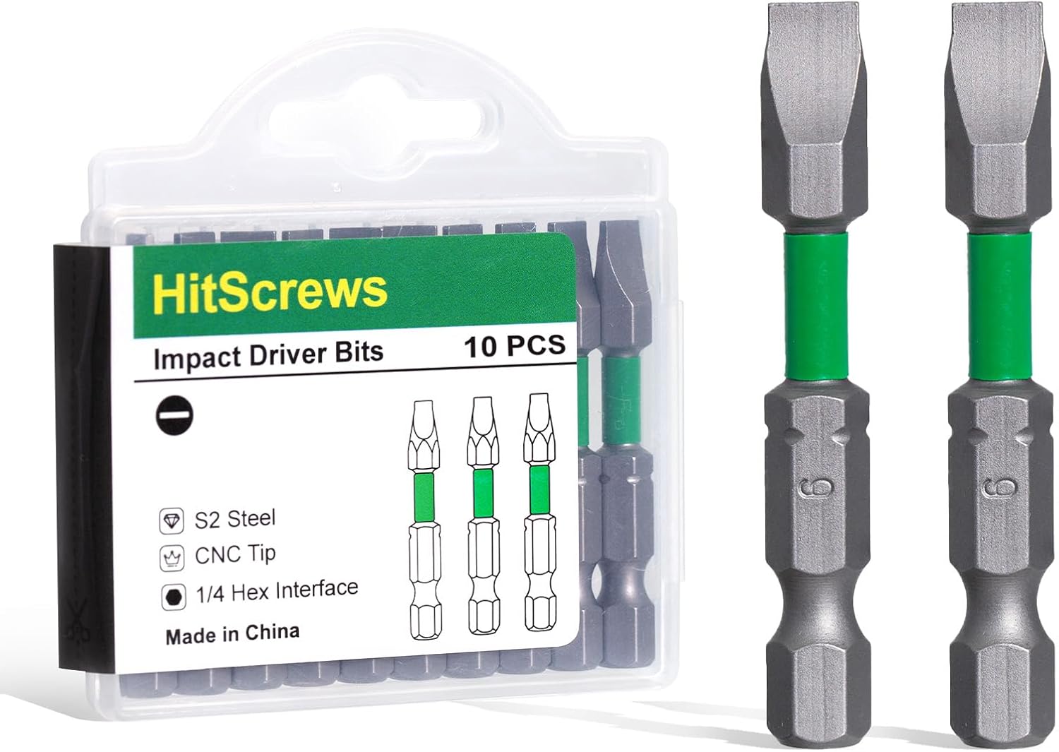 SL6 Slotted Screwdriver Bits, 2 Inch Flat Head Impact Rated Bits, High Torque Magnetic S2 Steel, 1/4" Hex Shank for Drill & Impact Driver, Flat Head Bit for Woodworking & Construction | 10-Pack