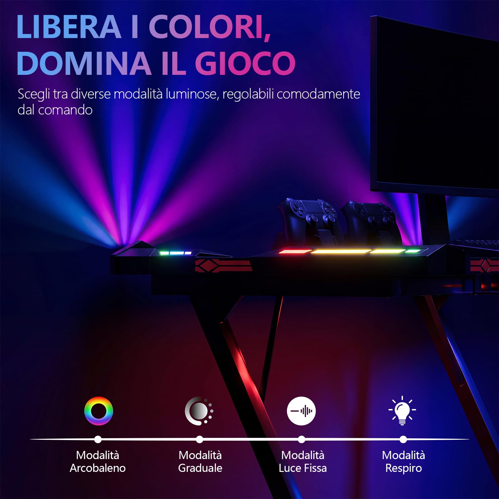 Scrivania Gaming LED 120x60 cm - Tavolo da Gaming con Luci RGB a Controllo Tattile, Piano in Fibra di Carbonio Nero, Ganci per Cuffie, Design Ergonomico, Scrivania PC per Setup Gamer Professionale