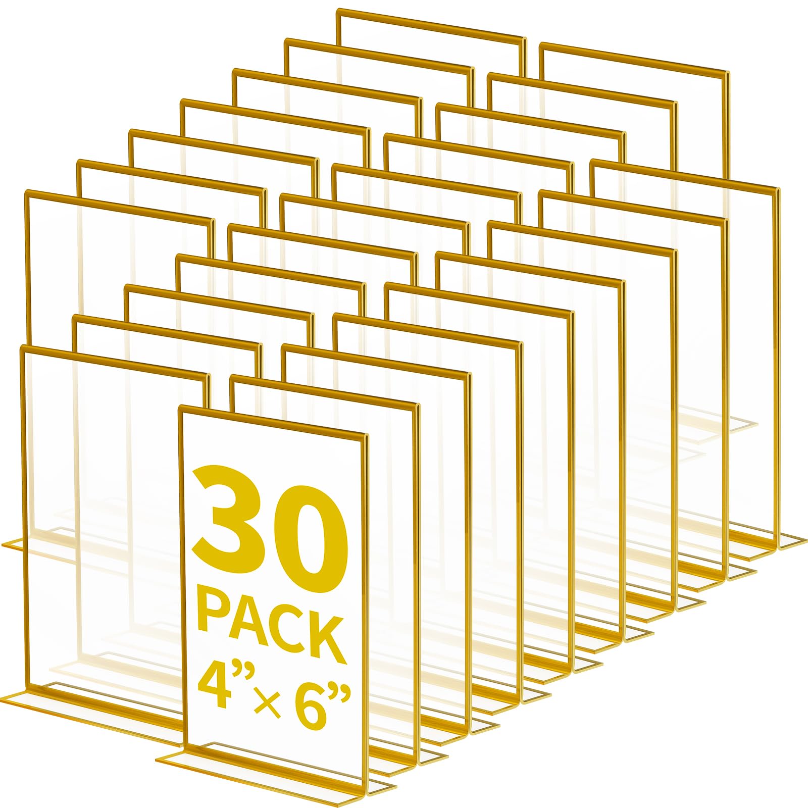 Photo 1 of Tcevily 30 Pcs Gold Acrylic Sign Holder 4 x 6 Inch, Gold Picture Frames Double Sided Clear Wedding Table Number Holders for Wedding Restaurant Office Home Store Numbers Signs ? (4 x 6 inch)
