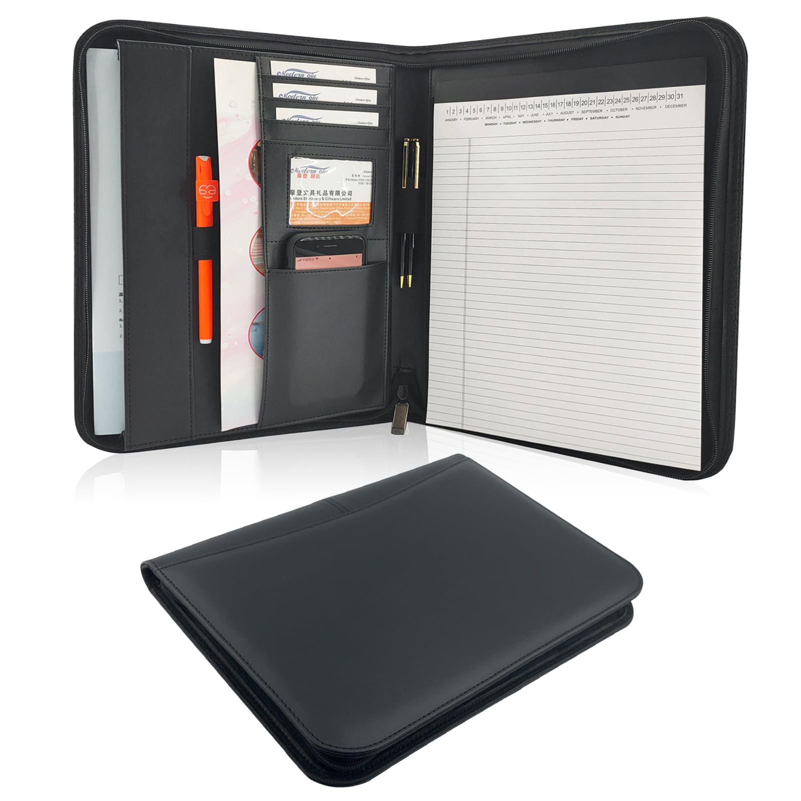 Bisofice Cartella Portadocumenti A4 in Pelle con Cerniera, Organizzatore con Portablocchi e Multi Tasca
