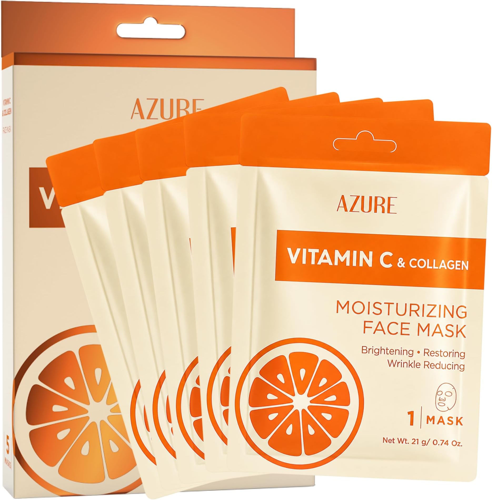 Azure Cosmetics Vitamin C & Collagen Moisturizing Facial Sheet Mask- Anti Aging, Deeply Moisturizing & Firming - Brightening Mask, Improves Elasticity - Skin Care Made in Korea - 5 Pack