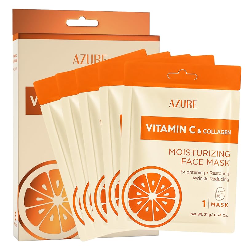 Azure Cosmetics Máscaras Faciais de Tecido com Vitamina C e Colágeno, Pacote com 5