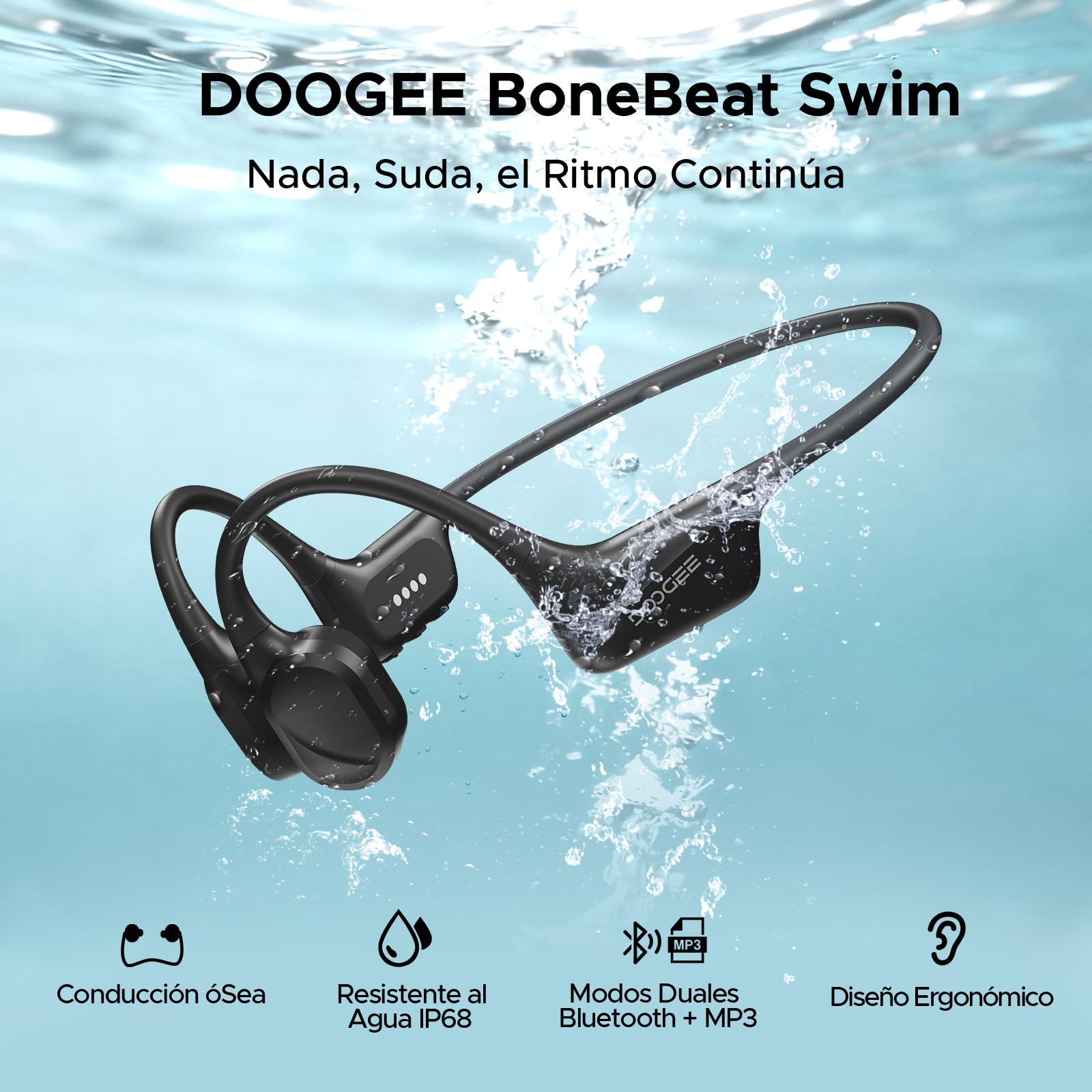 Auriculares de Conducción ósea IP68 Auriculares Resistentes al Agua 7H Bluetooth 5.4 Auriculares para Nadar 32 GB,MP3 Ideales para Correr,Montar en Bicicleta y Nadar,Color Negro