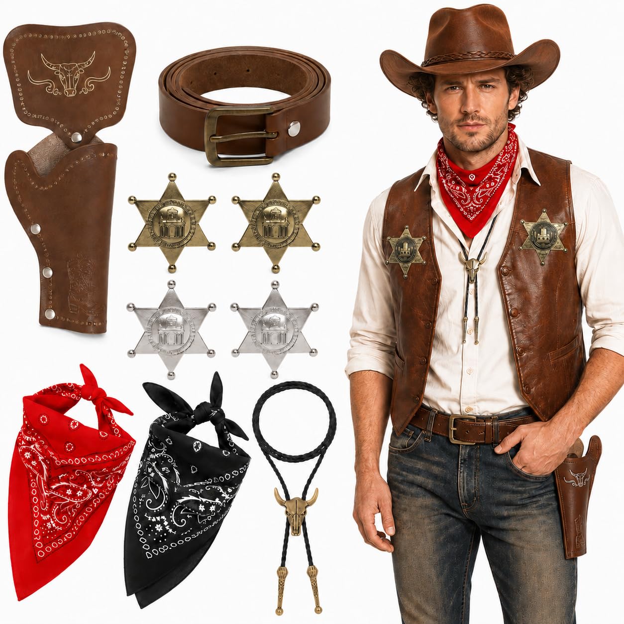 Suwnwk 9Pcs Cowboy Accessories Set for Western Costume