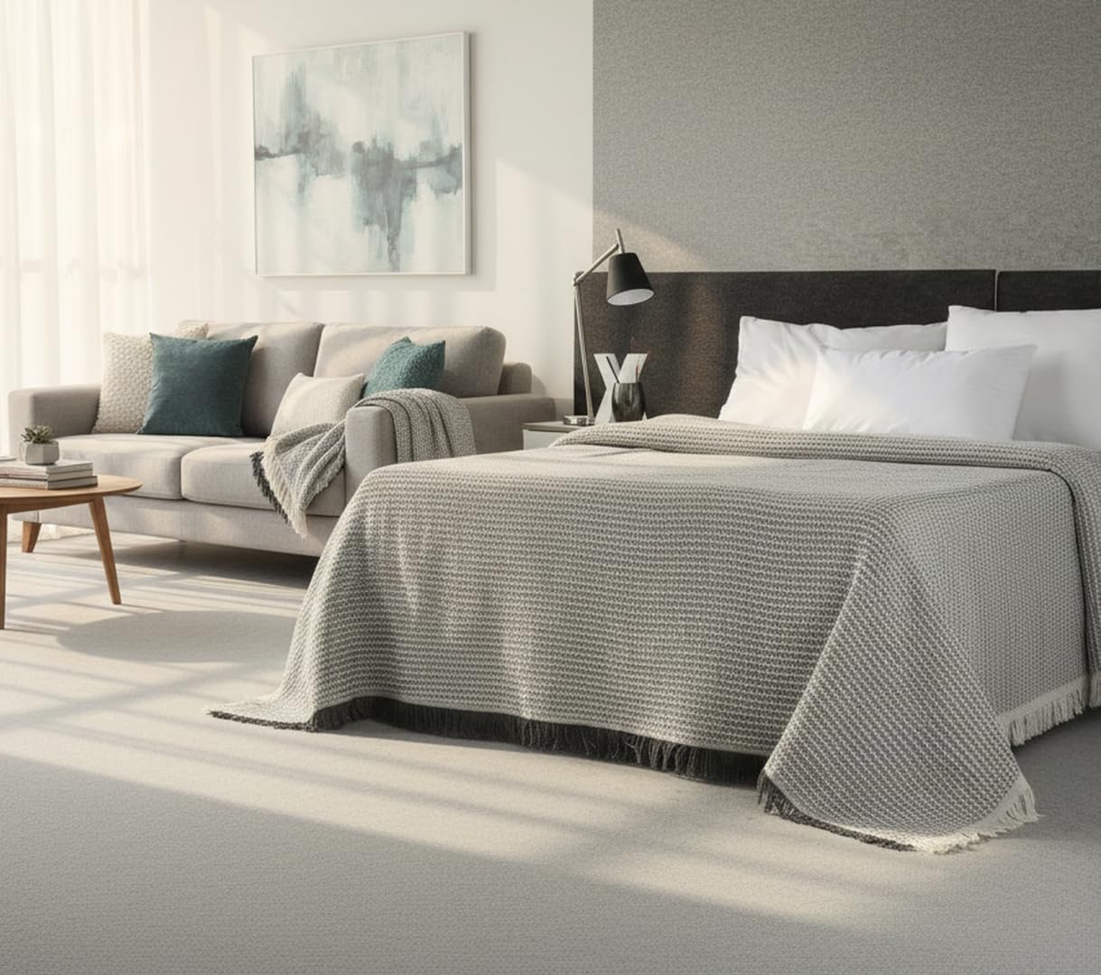 Estoralis | Nido | Trapunta Divano Multiuso | Copriletto, Coperta Foulard | Grigio | Plaid Letto, Copridivano, Pratico e Morbido Confortevole (230 x 260 cm. AnchoxAlto) | con Frange