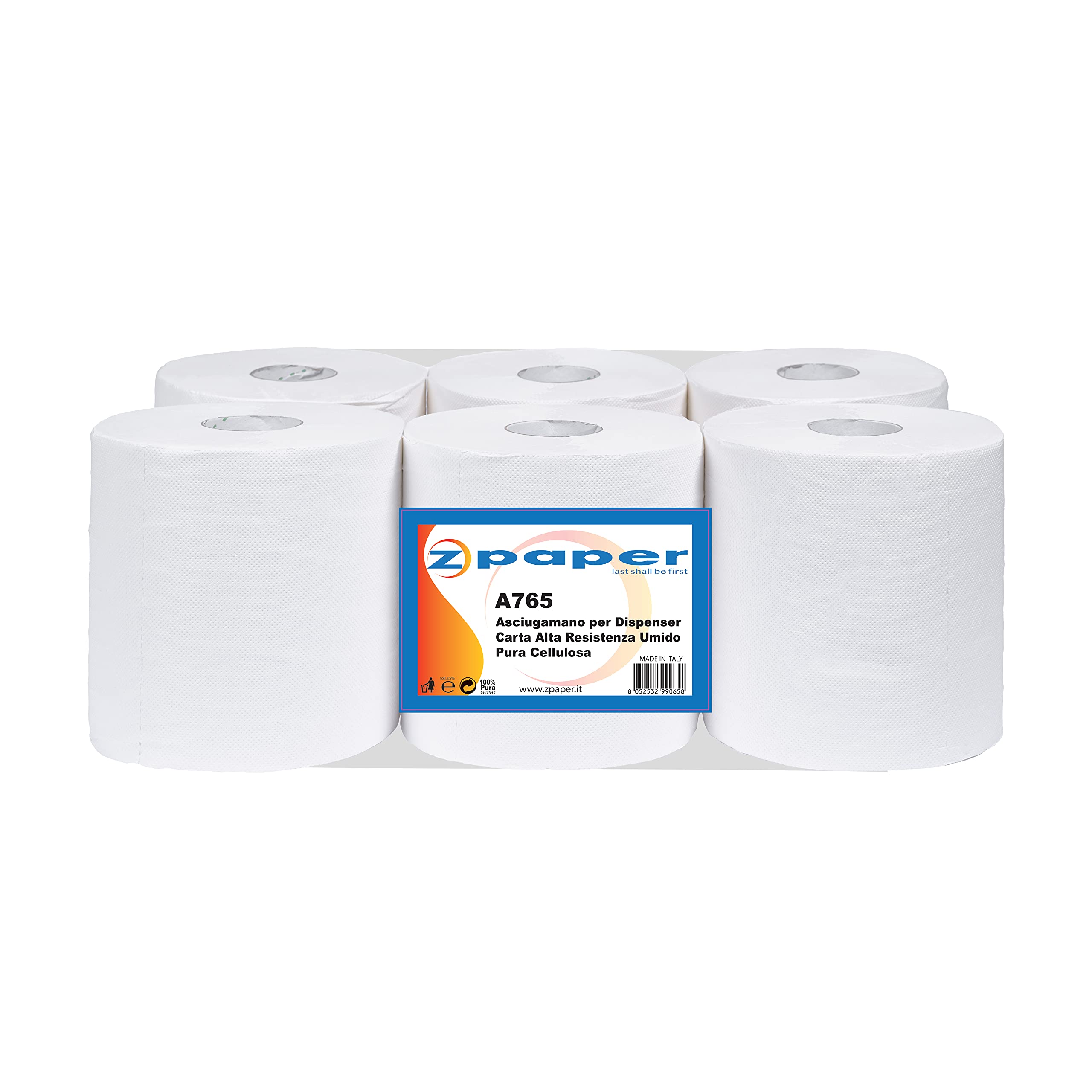 ZPAPER - 6 Rotoli Asciugamani Autocut, 3 veli 100 metri a Rotolo carta alta resistenza umido, non perforati per Dispenser a taglio automatico. Diametro rotolo 18 cm