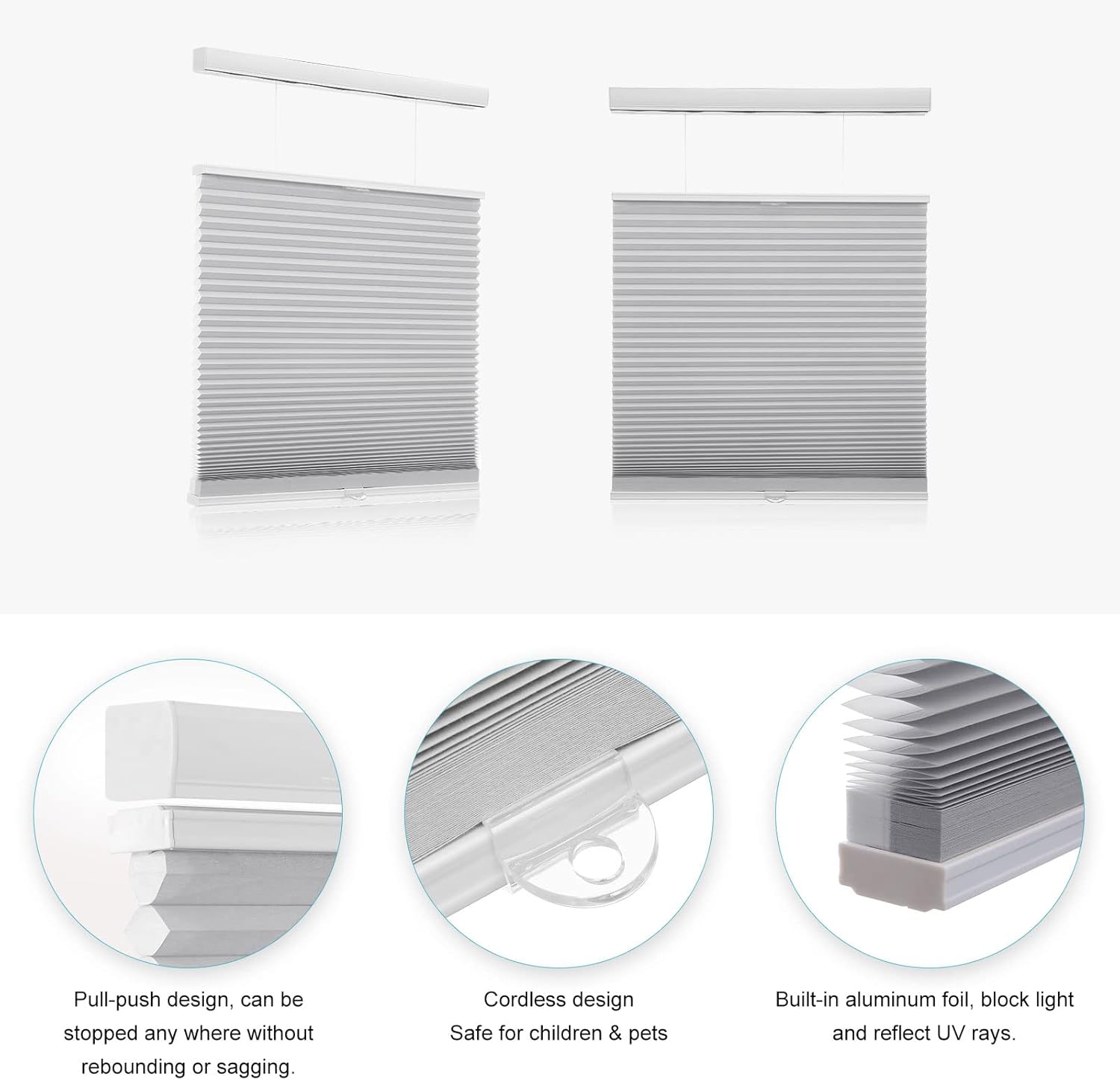 myshade top down bottom up shades light filtering shade cordless blinds for indoor windows honeycomb cellular sheer window blinds & shades easy to install 31" w x 72" h (grey)