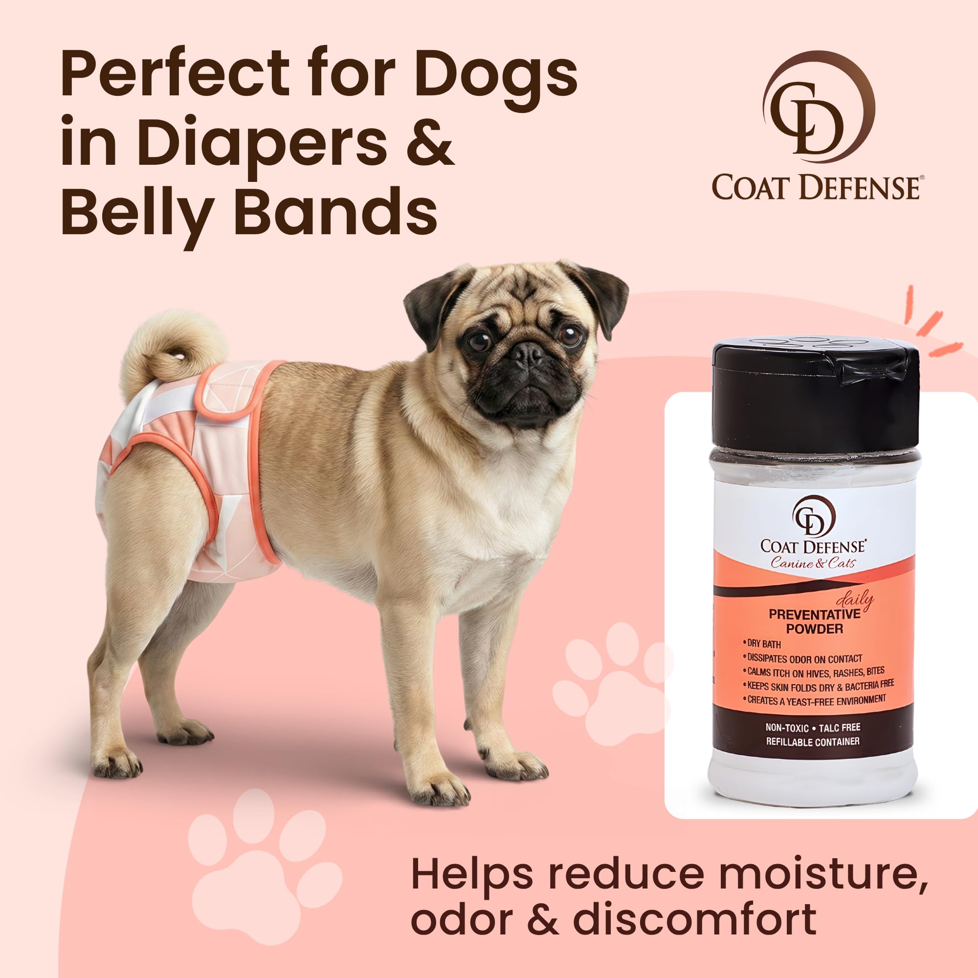 COAT DEFENSE - Polvo preventivo fabricado en EE. UU., champú para perros sin agua, 3,5 oz y desodorante para mascotas para perros con mal olor | P