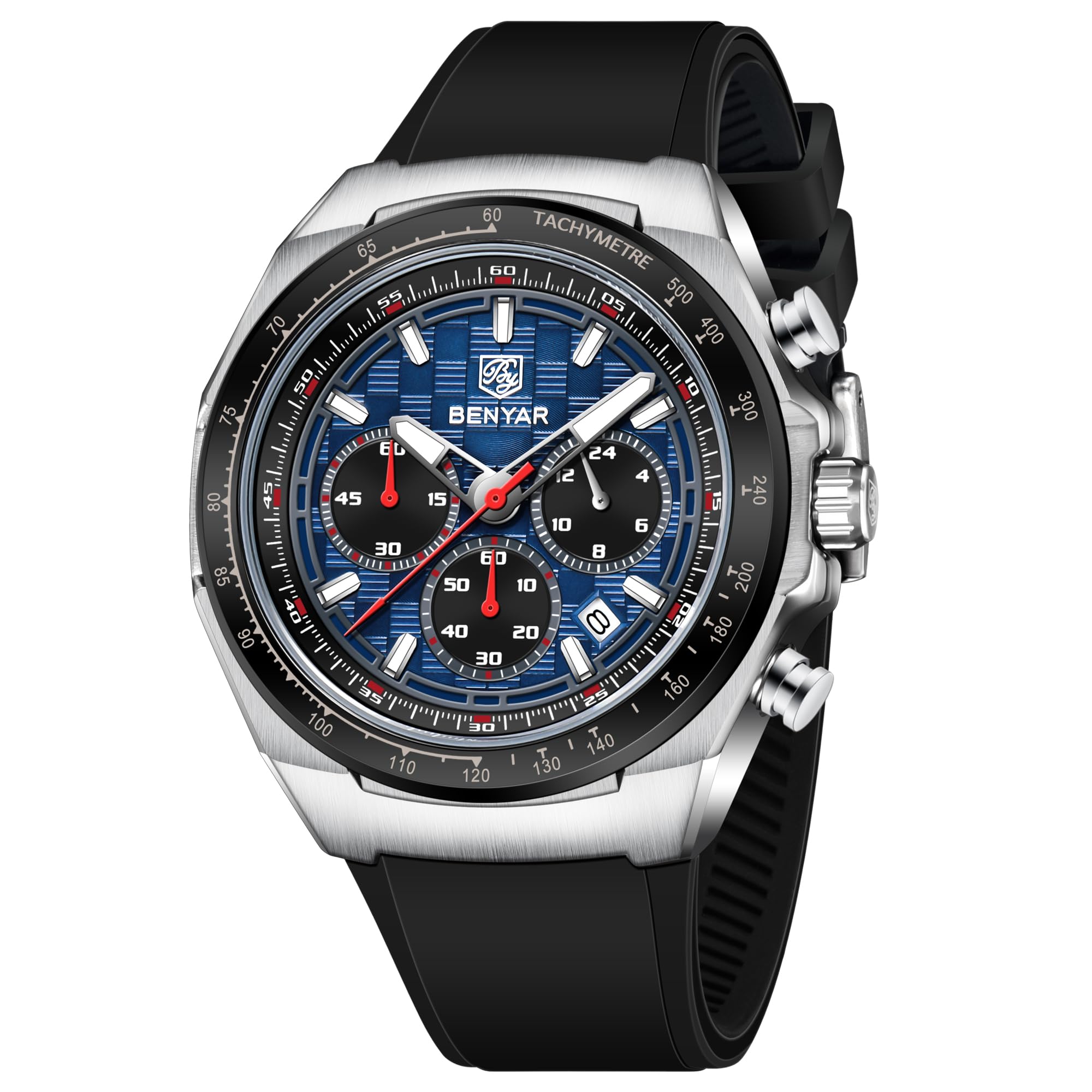 Men's Chronograph Sport Watch - Stainless Steel Case with Black Silicone Band, Tachymeter Bezel, Waterproof Quartz Wrist Watch-image-1