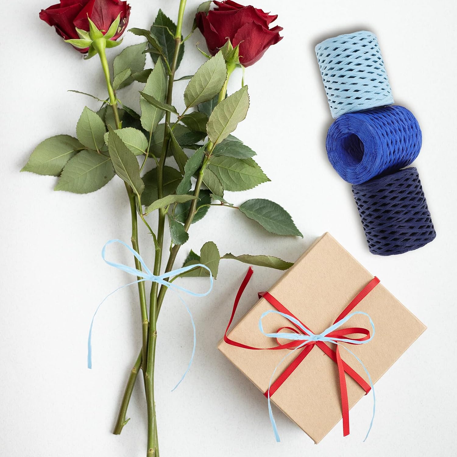 3 Rolls Colored Raffia Paper Ropes for DIY Crafting Bouquet Decoration and Wrapping Decorative Ribbon in Sky Blue Royal Blue Versatile Paper Twine for Handmade Projects