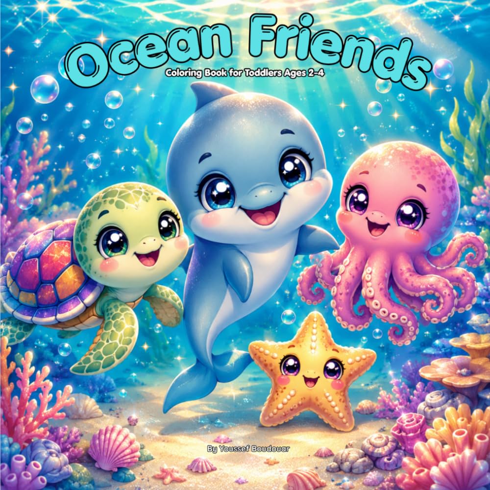 Ocean Friends: Cute Ocean Animals Coloring Book for Toddlers Ages 2-4 | Big Bold and Easy Designs with Thick Outlines for Little Hands | Dolphin Turtle Octopus Starfish