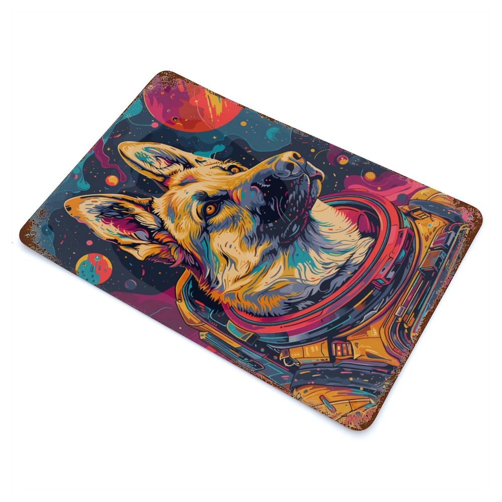 Garage Style German Shepherd Astronaut Rustic Tin Plaque 11.8"x7.9", Classic Wall Plaque for Bar And Workshop