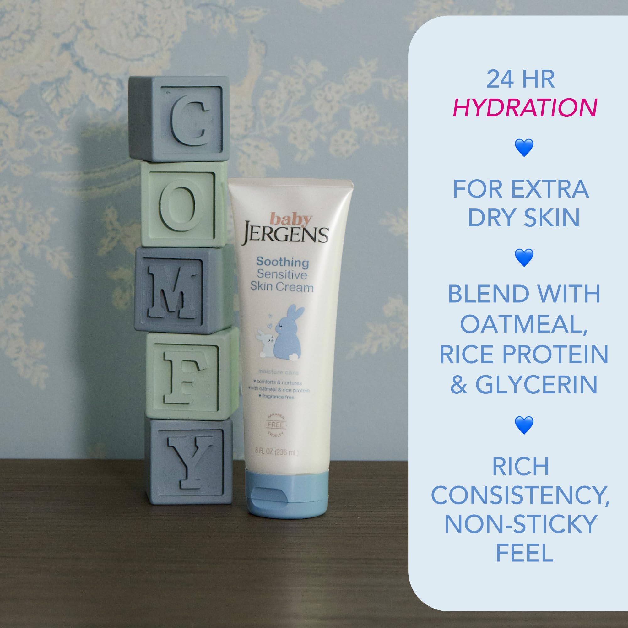 Jergens Baby Soothing Sensitive Skin Cream, Cream for Infant Dry Skin, Baby Cream for Dry Skin, Pediatrician-tested, Fragrance-free, 8 Fl Oz