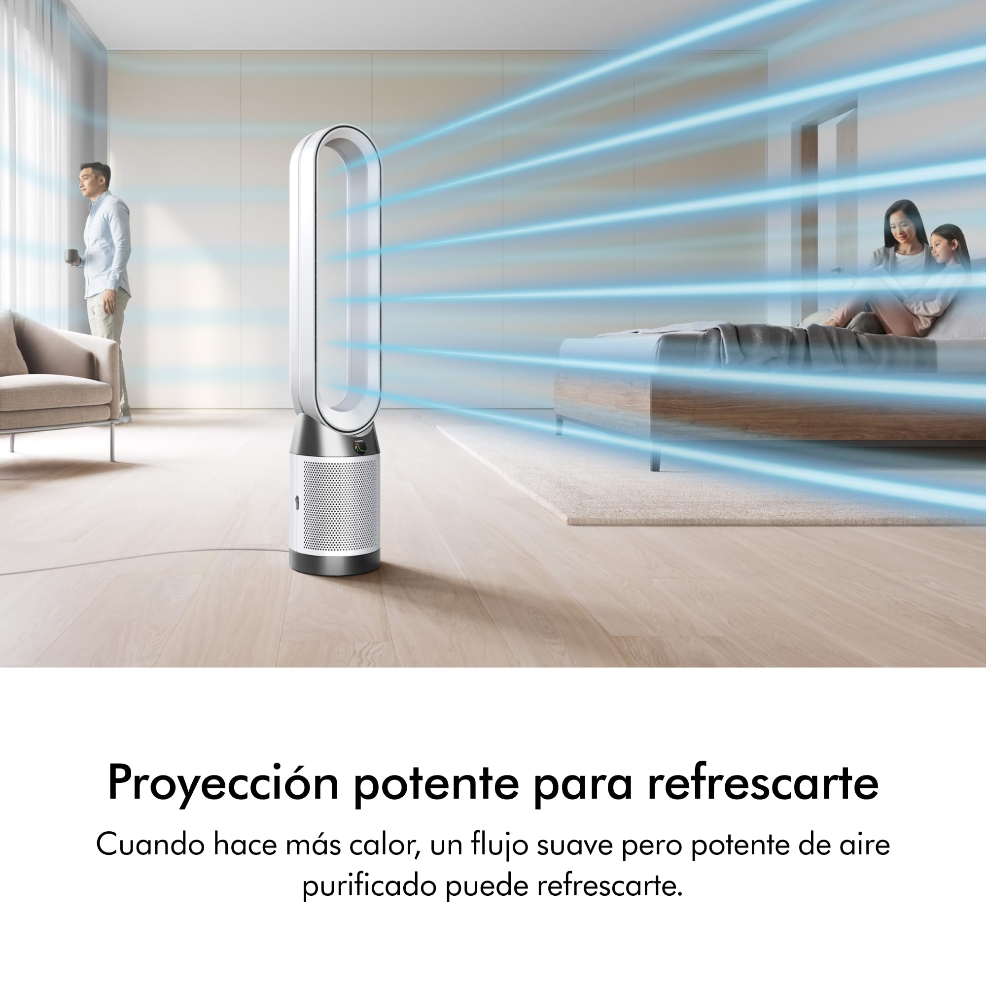 Dyson Purifier Cool™ PC1 Ventilador de Torre y Purificador de Aire, Filtro HEPA H13, Refrigeración Potente, Control por App y Mando, Sin Aspas, Oscilación 350°, Blanco