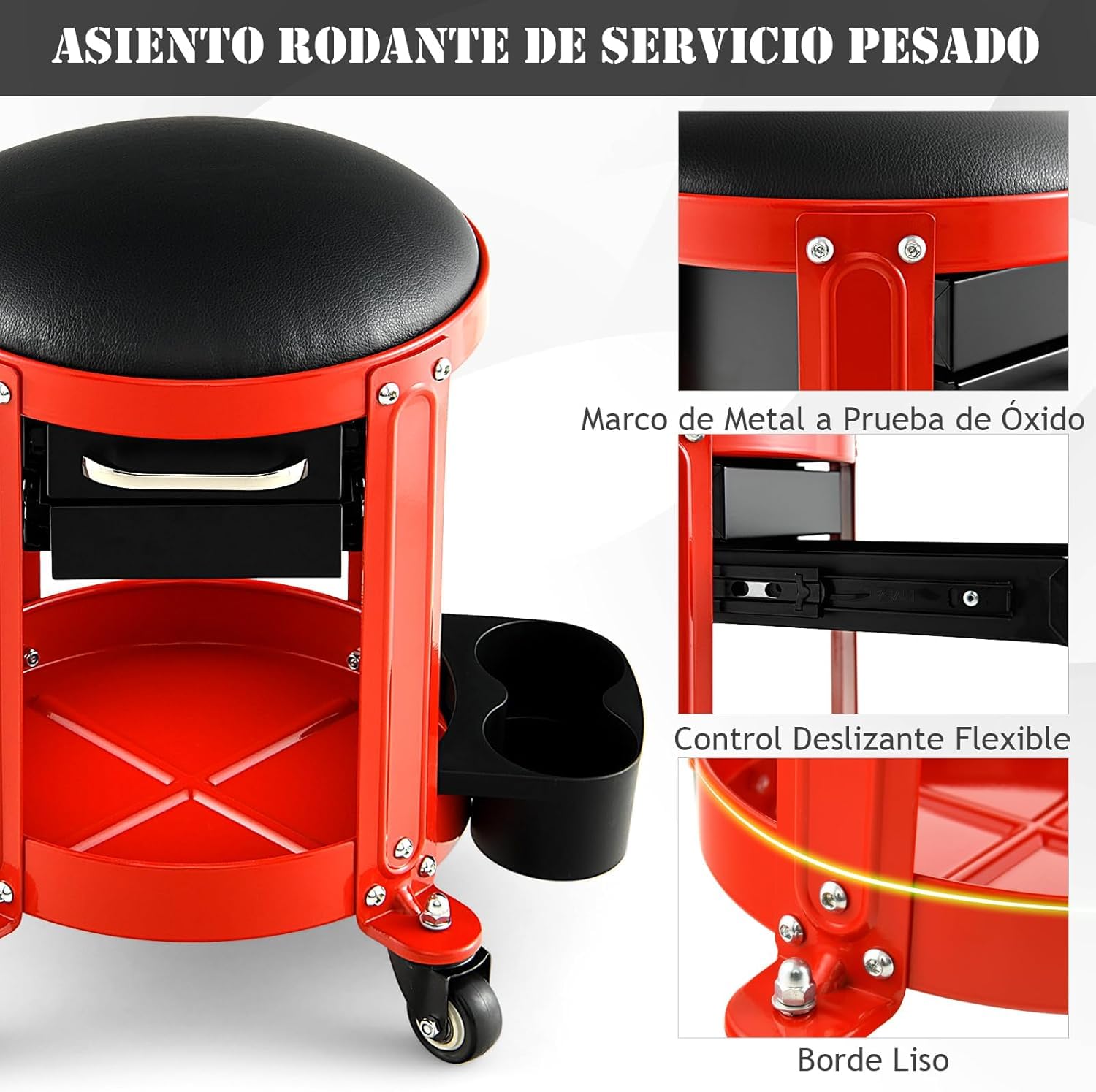 GYMAX Taburete Taller con Ruedas, hasta 150 kg, Taburete con Ruedas con Cajones Dobles, Soporte para Latas y 4 Ruedas Universales, Taburete Mecánico con Bandeja para Taller y Garaje