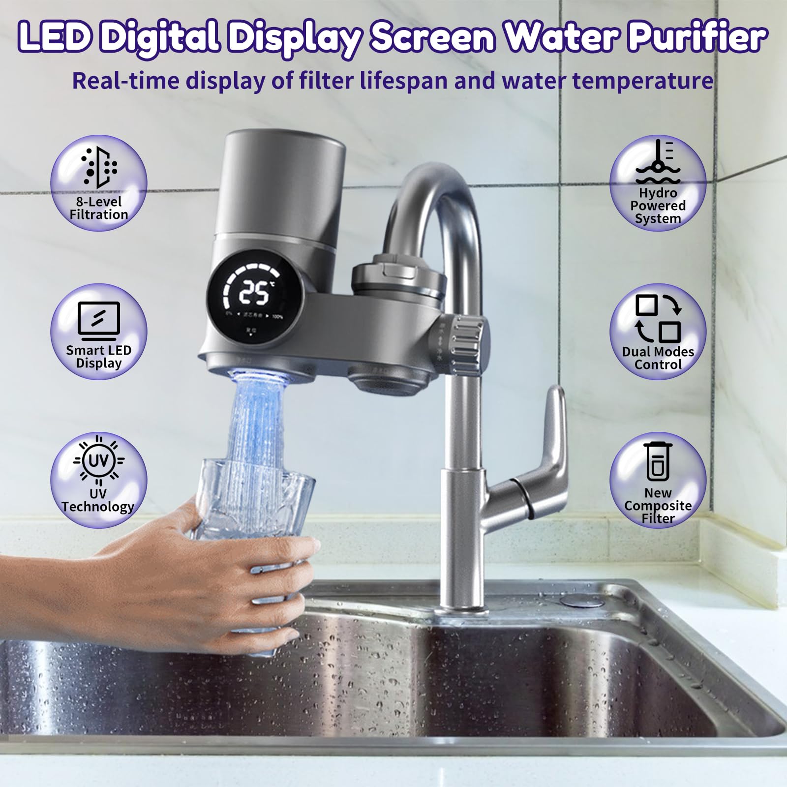 Filtro De Agua para Grifo con Pantalla Led, Indicador De Temperatura Y Vida del Cartucho, Luz UV Azul, Doble Cartucho Filtrante, 6 Adaptadores, Purificador para Cocina 15-25mm Silver