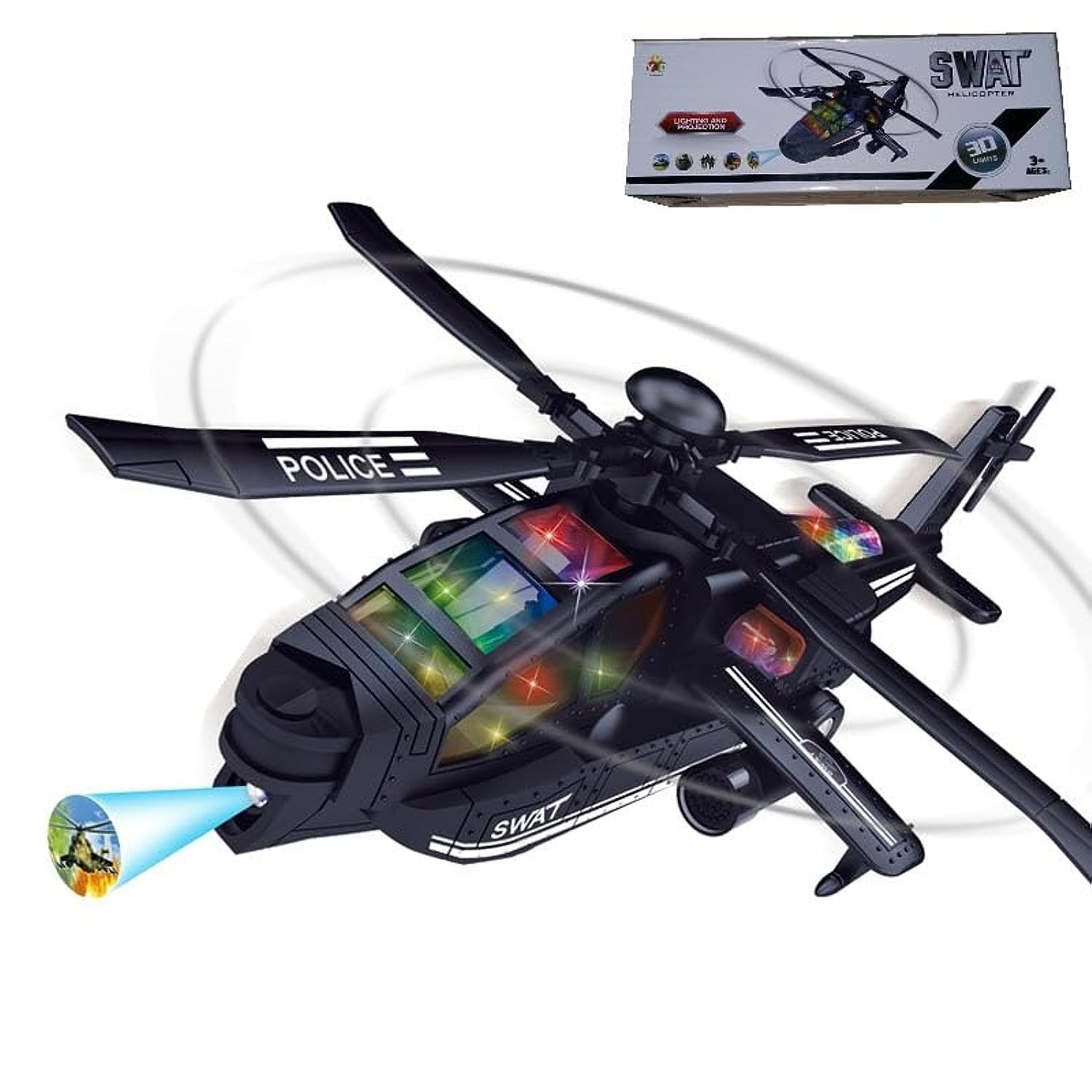 SGTT PRO SWAT Helicopter 3D Lighting Projection and Firing Sounds and Music, Bump and Go Function, Gift for Boys (BLUE)