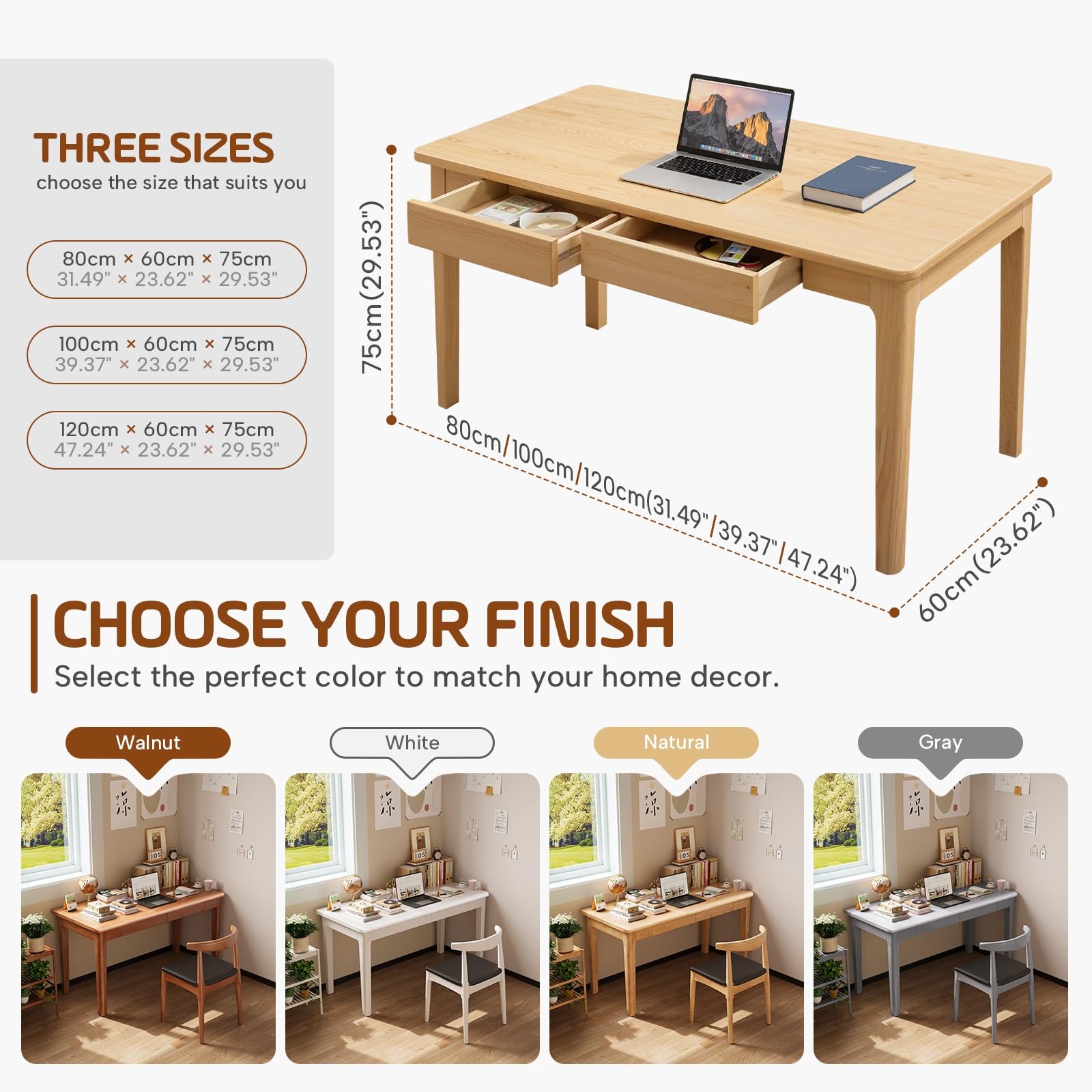 Moderner Schreibtisch aus Massivholz mit Ders, perfekt für kleine Schlafzimmer oder Arbeitszimmer, einfache Montage, Holzfarbe, 100 cm