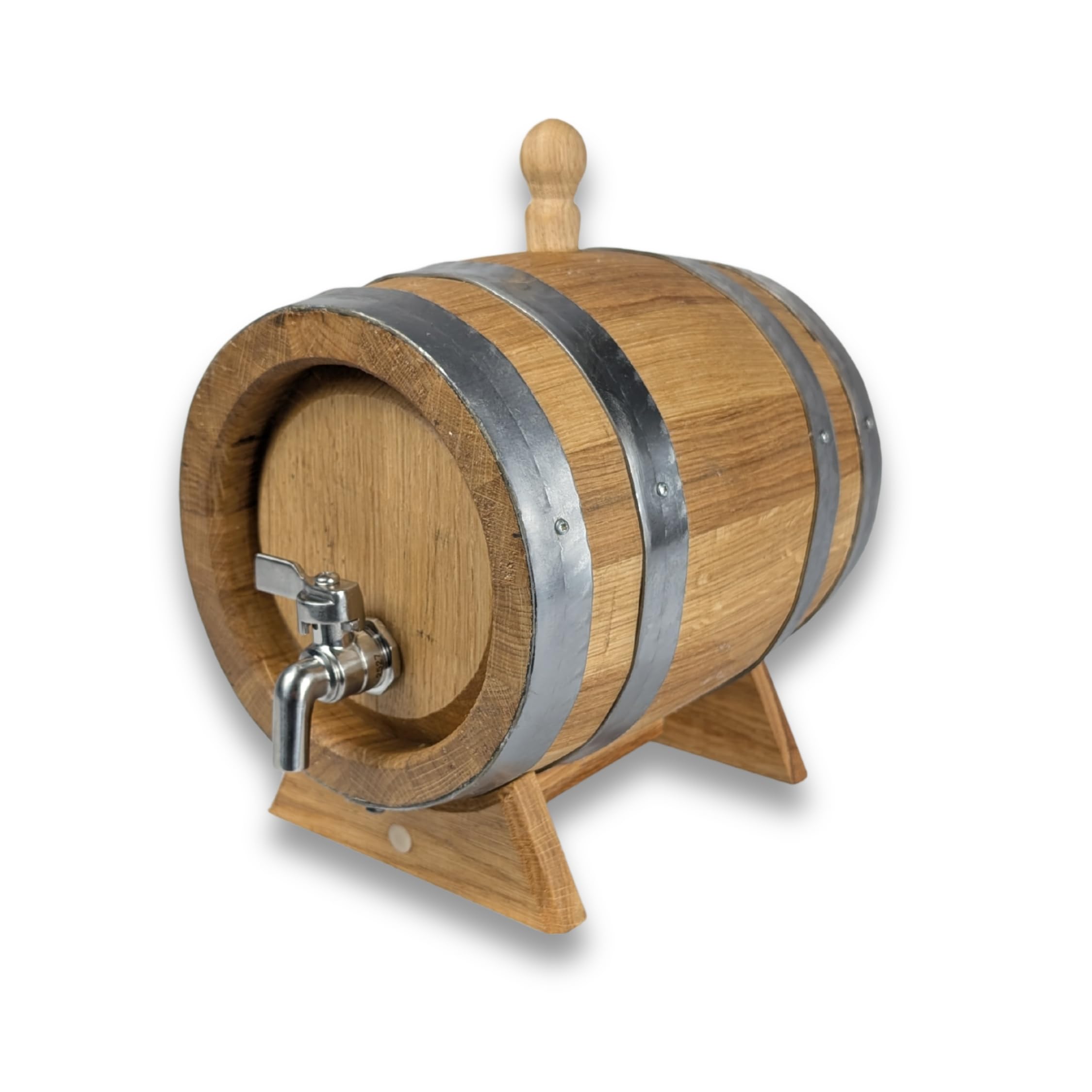 Eichenfass 3L mit Edelstahlzapfhahn – Holzfass für Whisky, Wein, Schnaps – Geflammtes Weinfass Fass mit Edelstahlreifen & Bock – Geschenk & Deko klein