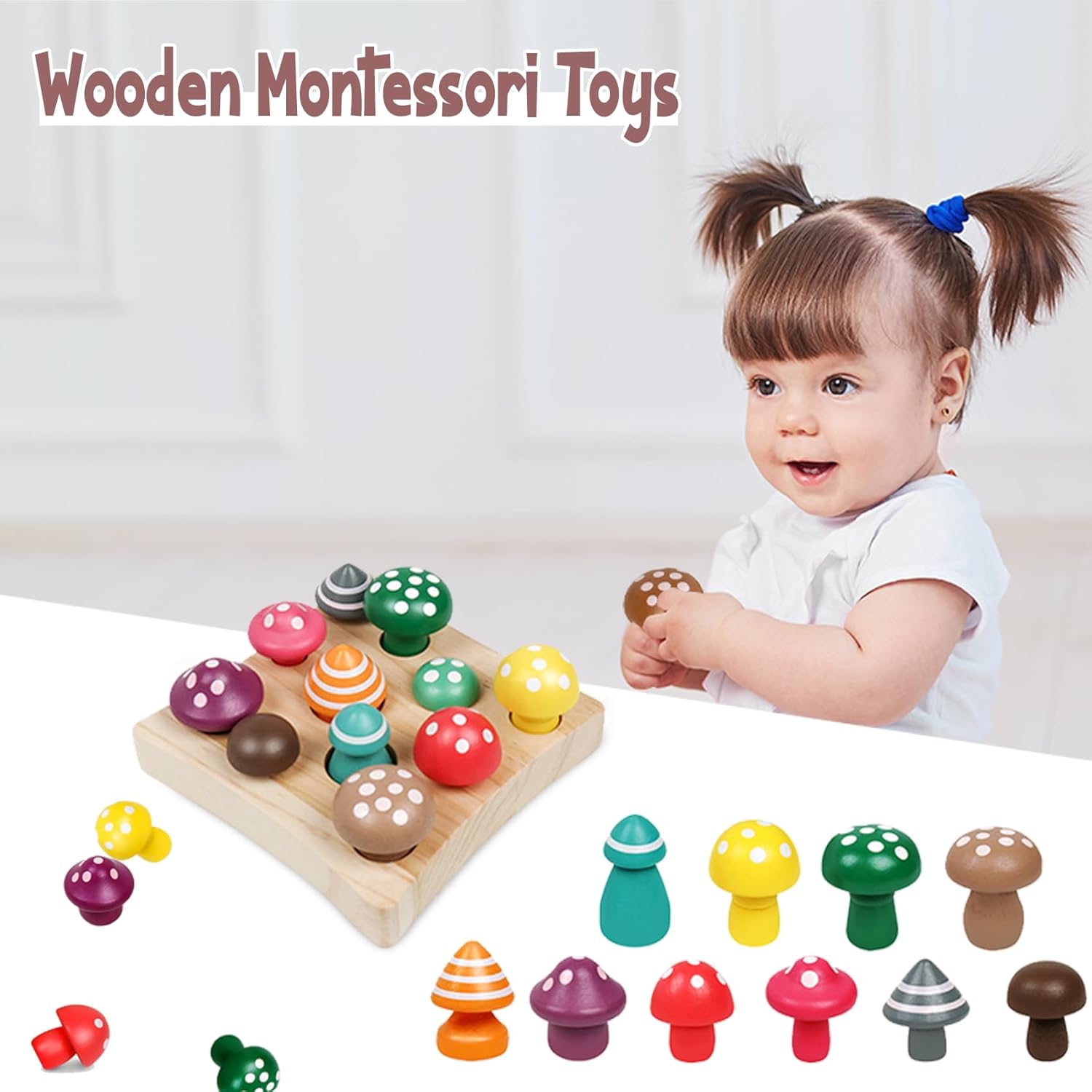 Toddler Toys,Montessori Wooden Sensory Early Educatioanl Learning Fine Motor & Shape Sorter Toy,Matching Games with Mushroom Puzzle,Fun Easter Basket Stuffers Gifts for Boys Girls