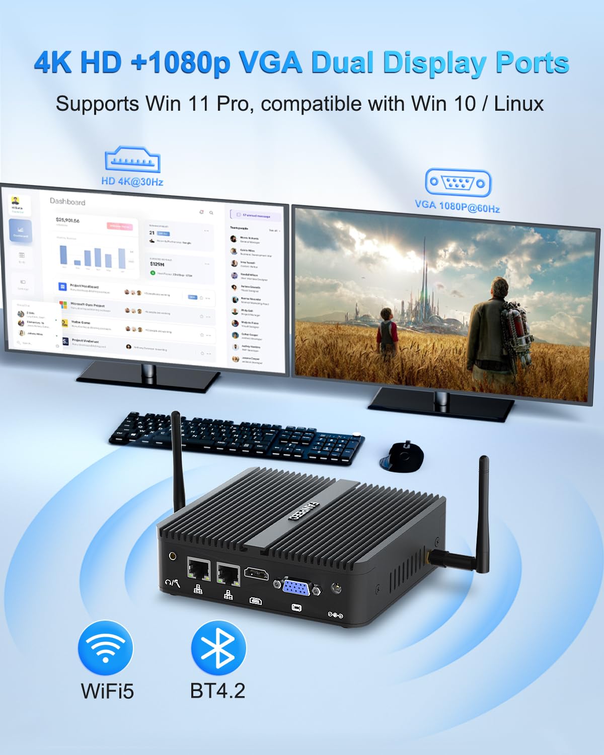 FANPEEC Mini PC sans Ventilateur J5005 8Go DDR4 128Go MSATA SSD | PC Industriel Win11 Pro, 4K HD+1080p VGA, 2xLAN, 4xUSB, WiFi5 BT4.2, Fanless PC Pour Serveur Professionnel/Domestique