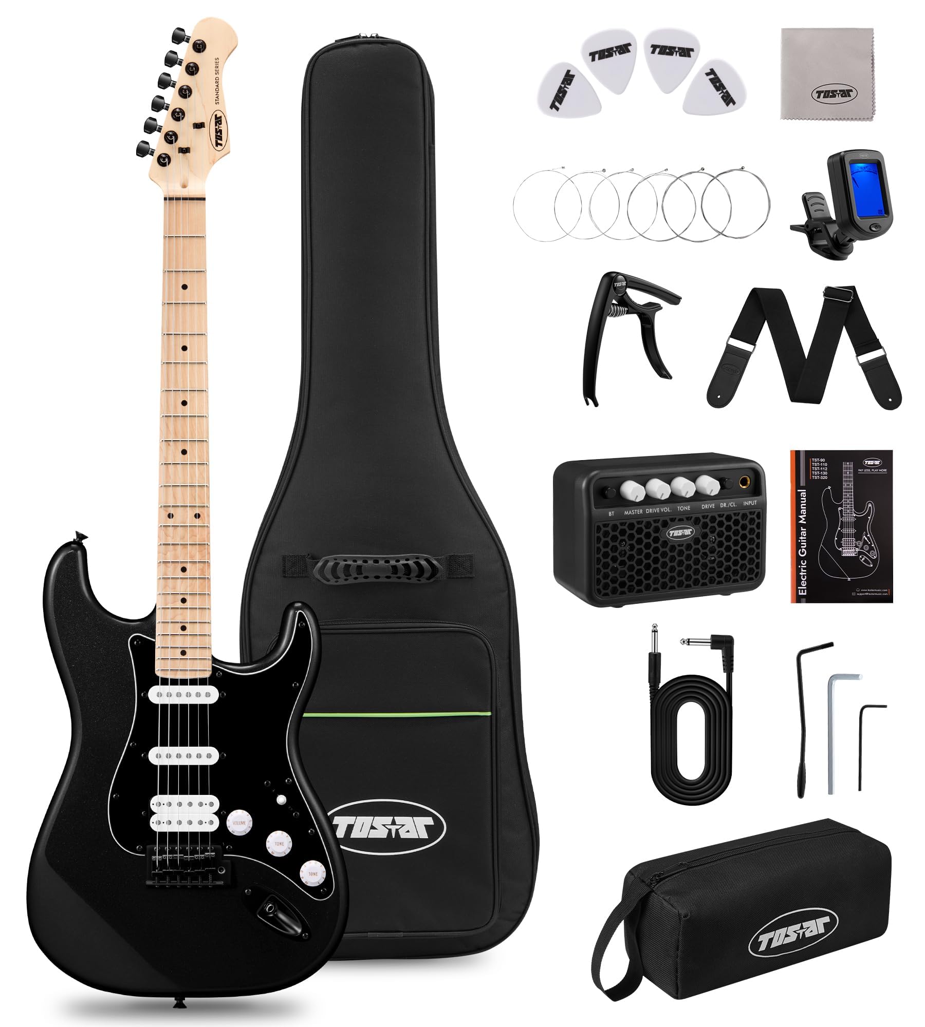 Tostar 39" HSS Electric Guitar Kit with Amp for Beginners-Sparkle Black