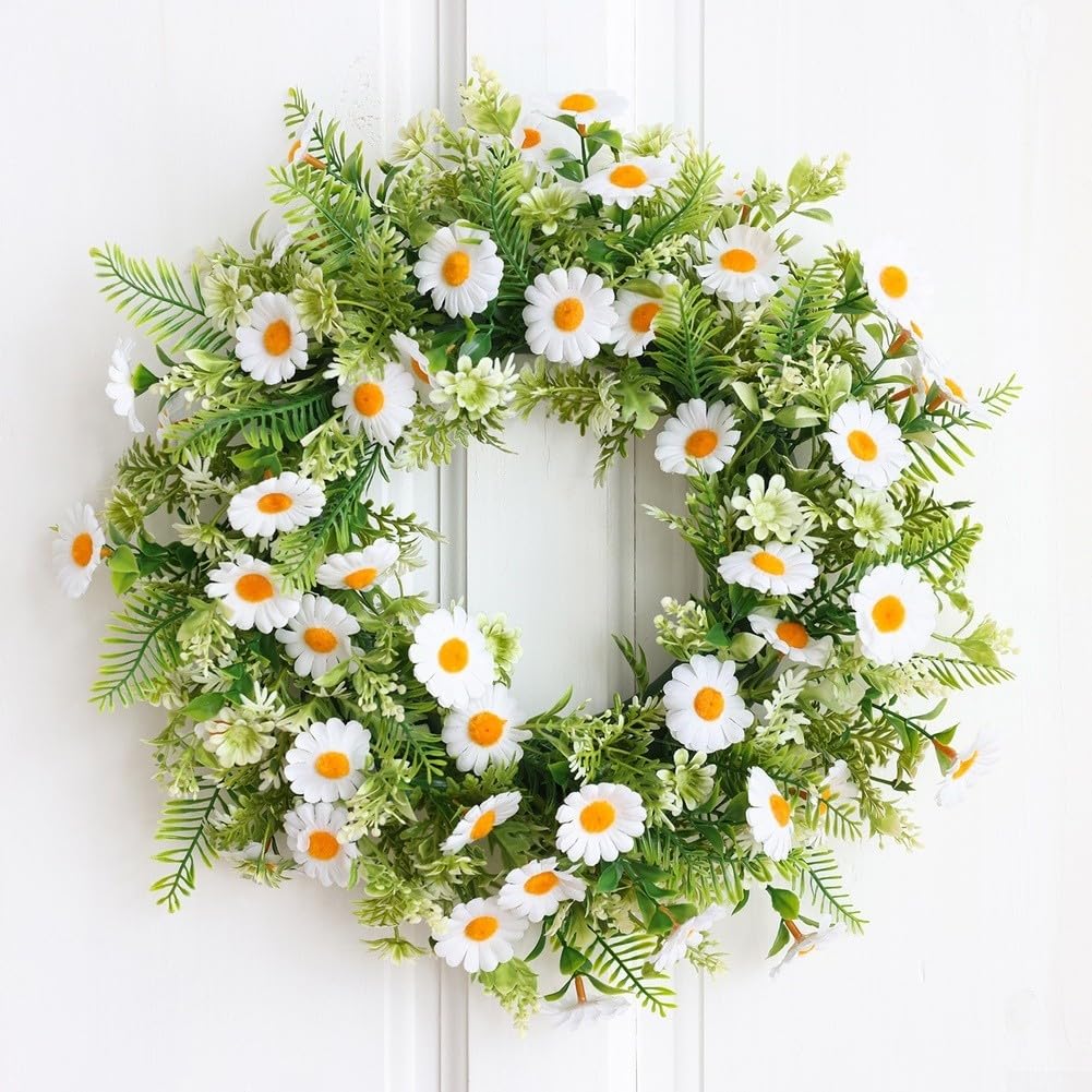 Künstlicher weißer Chrysanthemenkranz, moderne Frühlingsblumen, Türdekoration, Kunststoff-Blumengirlande für Zuhause, Wandtisch, 40 cm