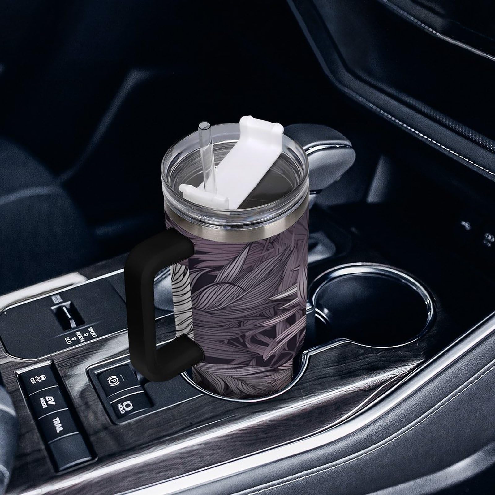 Tazas de hojas de palma moradas con popote y asa, taza de café con aislamiento al vacío de doble pared, botellas de agua para café helado, té, bebida caliente y fría