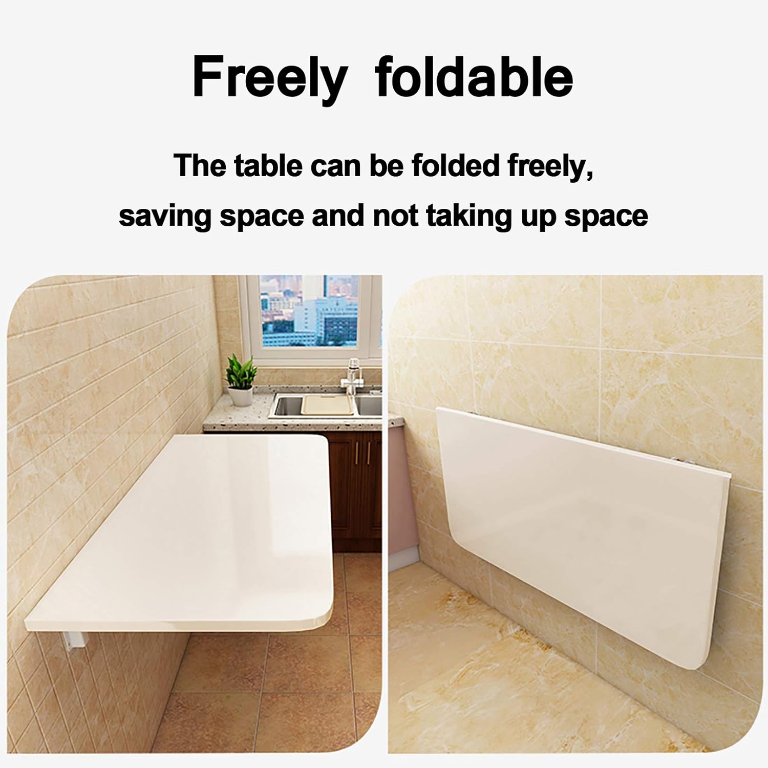 Two images showing the table in unfolded and folded positions, demonstrating its space-saving feature.