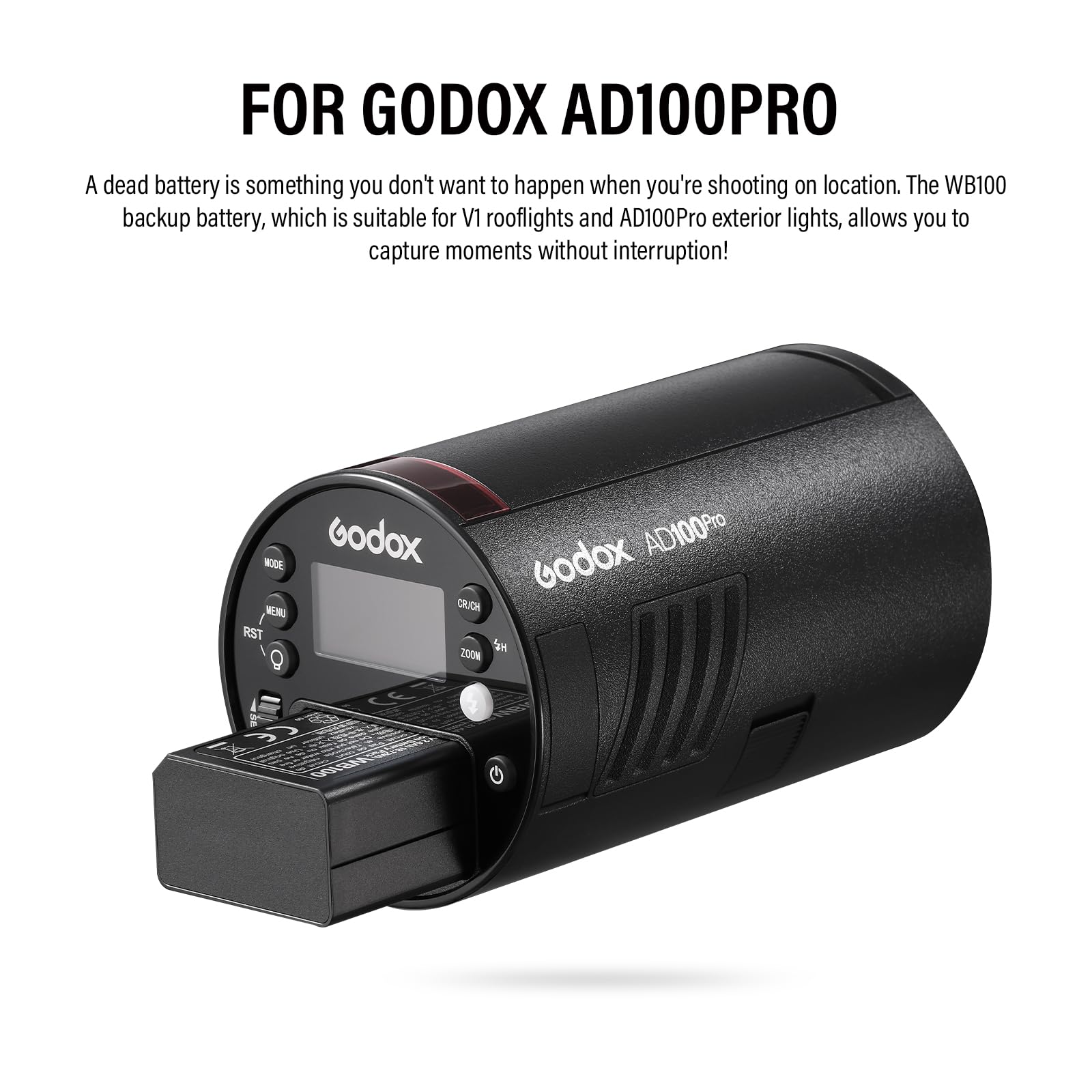 Godox WB100 Batterie AD100PRO Battery WB100 7,2 V/2600 mAh pour Flash Annulaire Godox V1C V1N V1S V1F V1O V1P,Flash AD100PRO ((2024) WB100)