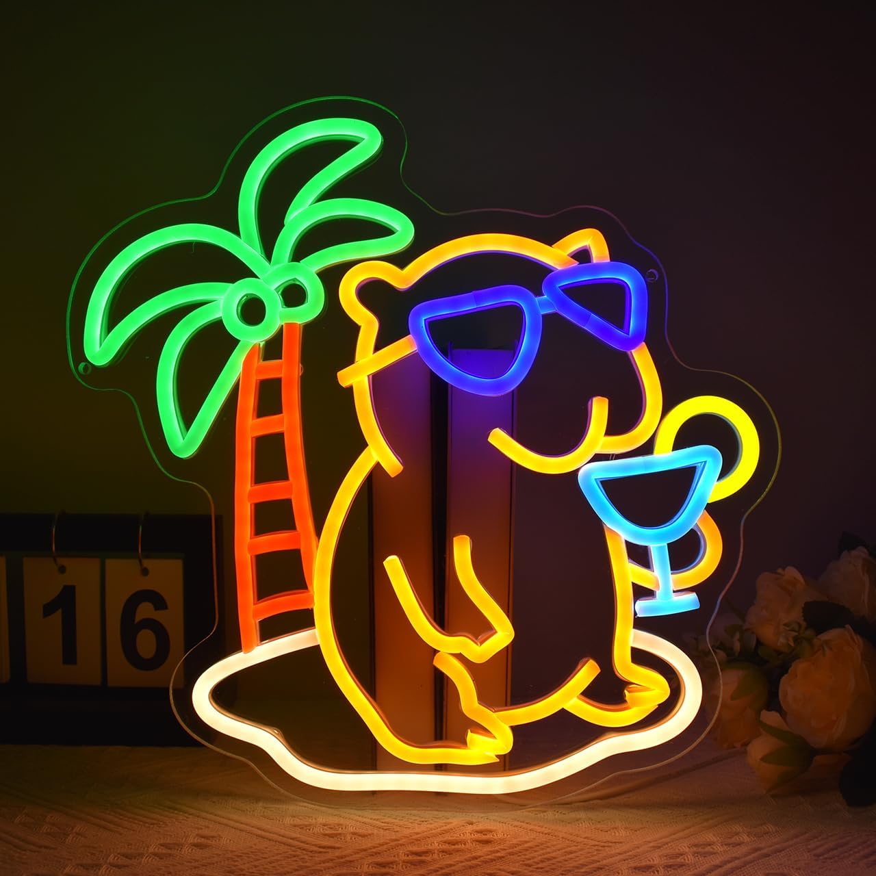 Beach Capybara Neon Sign Cocktails Ber Neon Sign for Wall Decor, Dimmable LED Beer Light Sign with USB Power for Bedroom Pub Bar Shop Party Man Cave Gift Decor