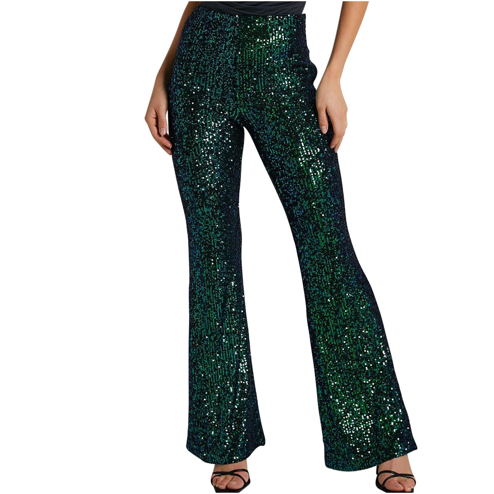 Womens Sequin Pants Sparkly Elastic High Waist Flare Leg Pants Bling Glitter Bell Bottom Y2K Club Party Trousers