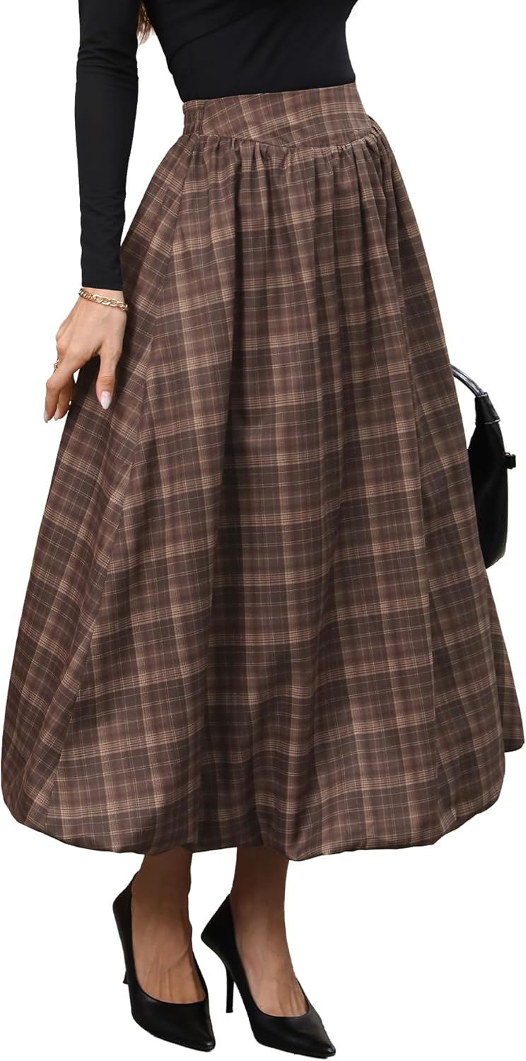 ELLEVEN Women's Bubble Maxi Fall Winter Skirt, Elastic Waist Puffy Hem A-Line Skirt with Pockets