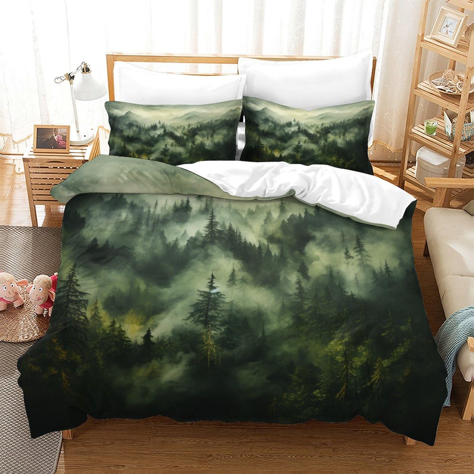 Smokey Mountains Microfiber Duvet Cover 3 Pieces Reversible Misty Forest Quilt Cover Easy Care Comforter Cover with Easy Care Pillowcases for Kids Adult Teens All Seasons Bedding Single（140x200cm）